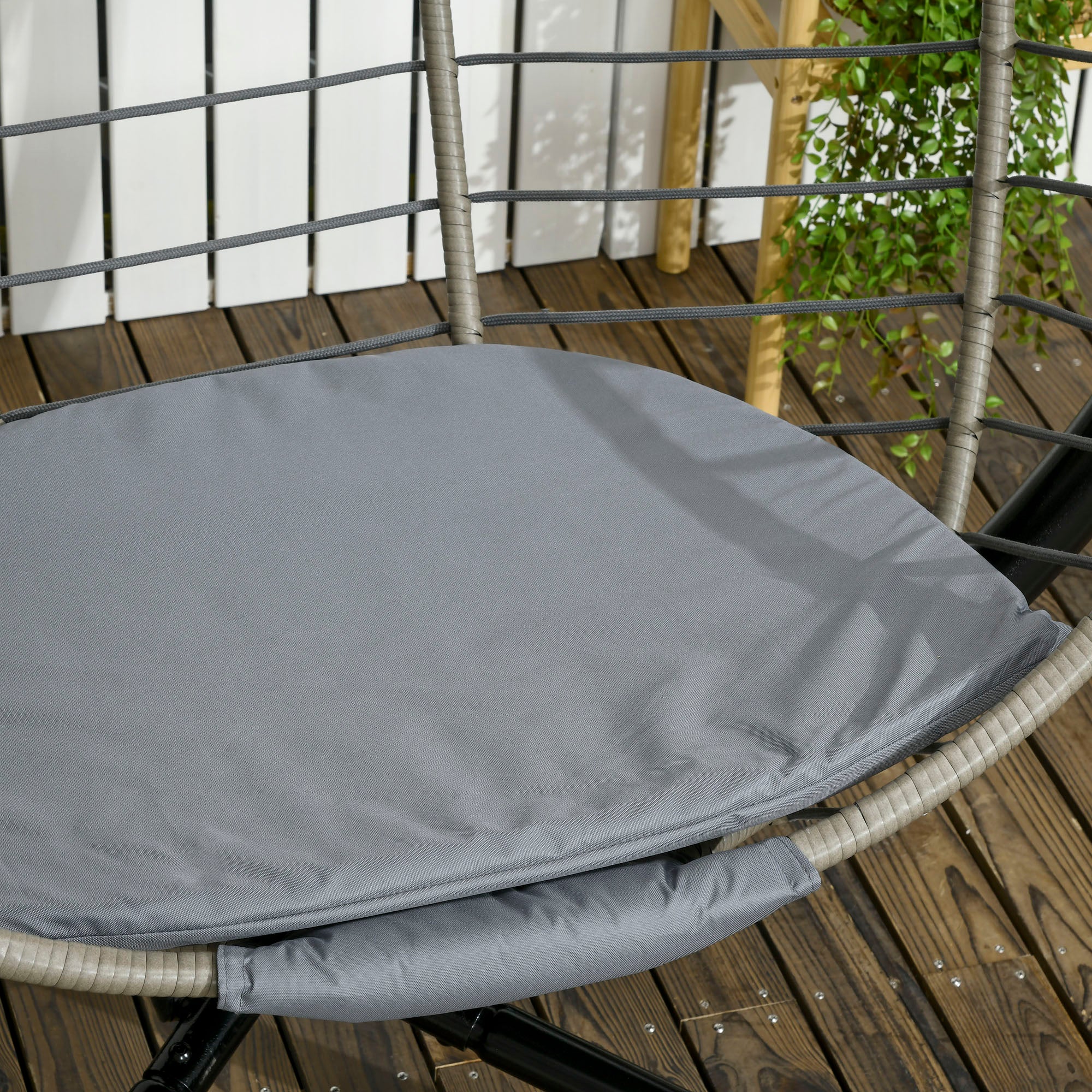 Outsunny PE Rattan Swing Chair, Outdoor Hanging Chair with Metal Stand, Thick Padded Cushion, Foldable Basket and Cup Holder, for Indoor and Outdoor, Grey - North Peak Garden Furniture