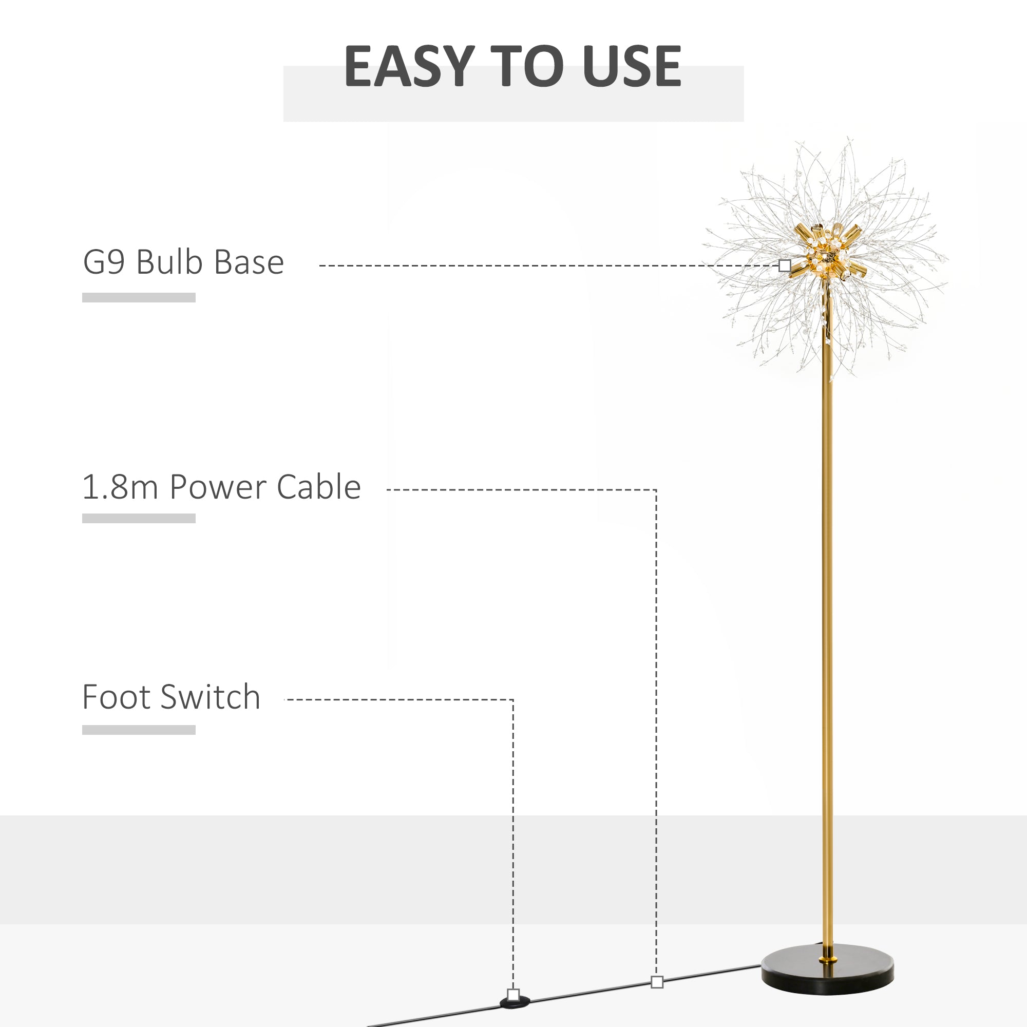 HOMCOM 160cm Dandelion-Crystallite Floor Lamp, with Foot Switch - North Peak Garden Furniture