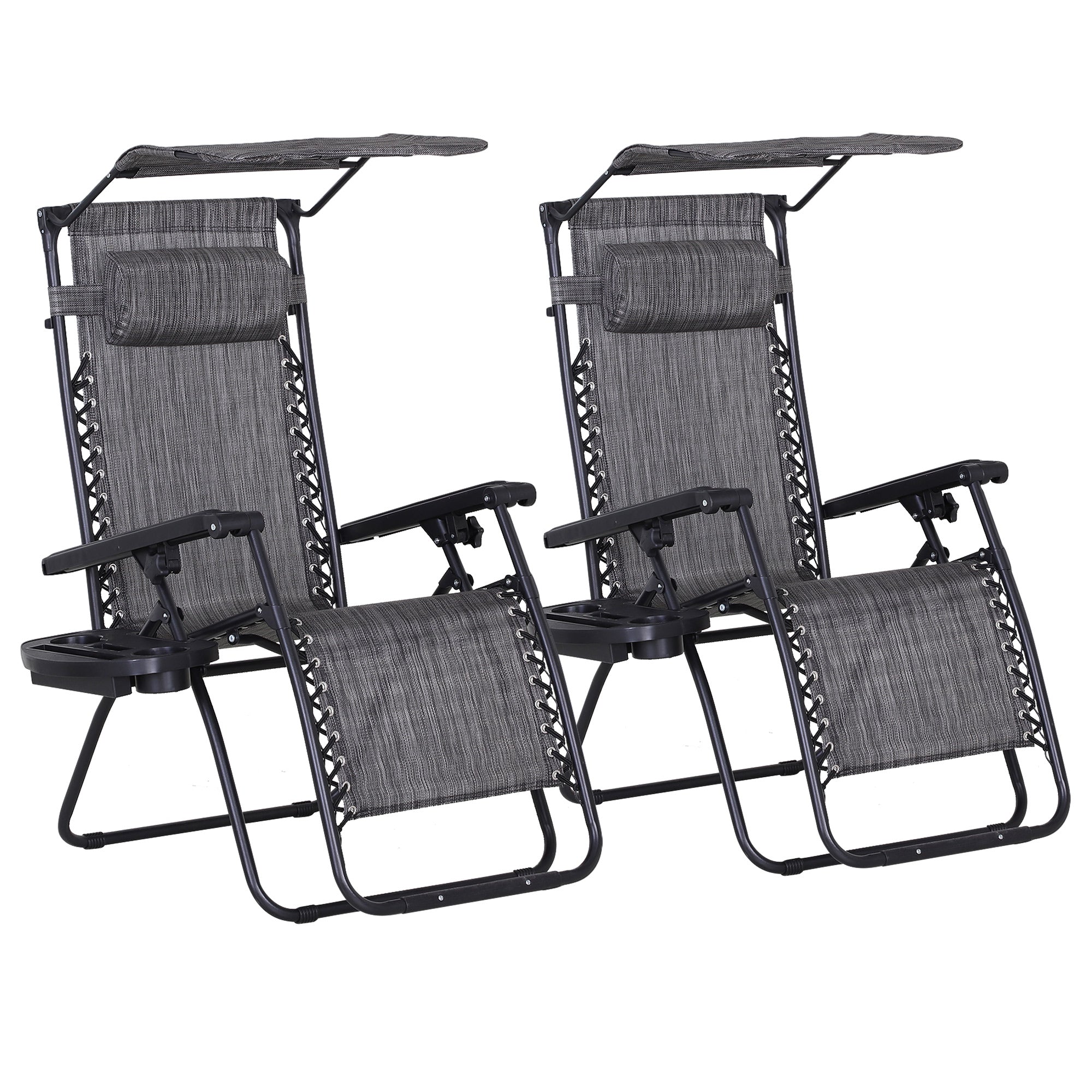 Outsunny 2 Piece Foldable Reclining Garden Chair with Headrest, Zero Gravity Deck Sun Lounger Seat Chair with Footrest, Armrest, Cup Holder & Canopy Shade, Grey - North Peak Garden Furniture