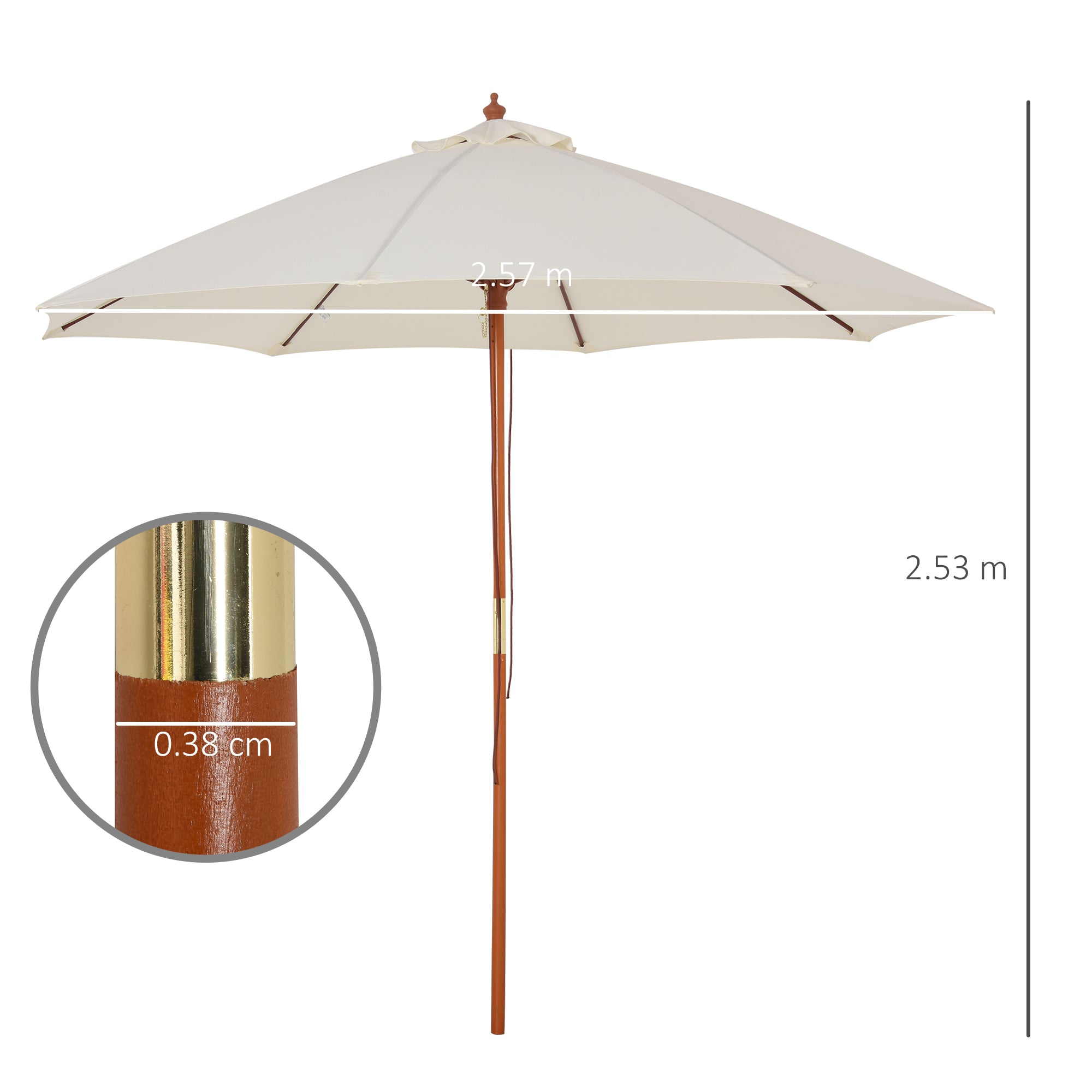 Outsunny 2.5m Garden Parasol Umbrella, Outdoor Market Table Umbrella with Wooden Pole & 8 Fibre Glass Ribs, Round Sun Shade Canopy, Off-White - North Peak Garden Furniture
