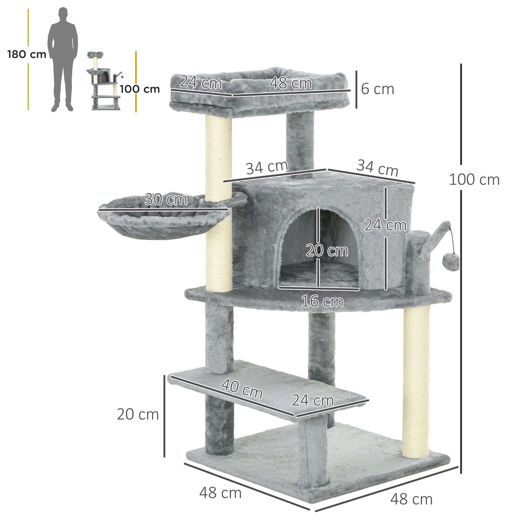 PawHut Sisal 100cm Cat Tree Tower with Sisal Scratching Post Grey - North Peak Garden Furniture
