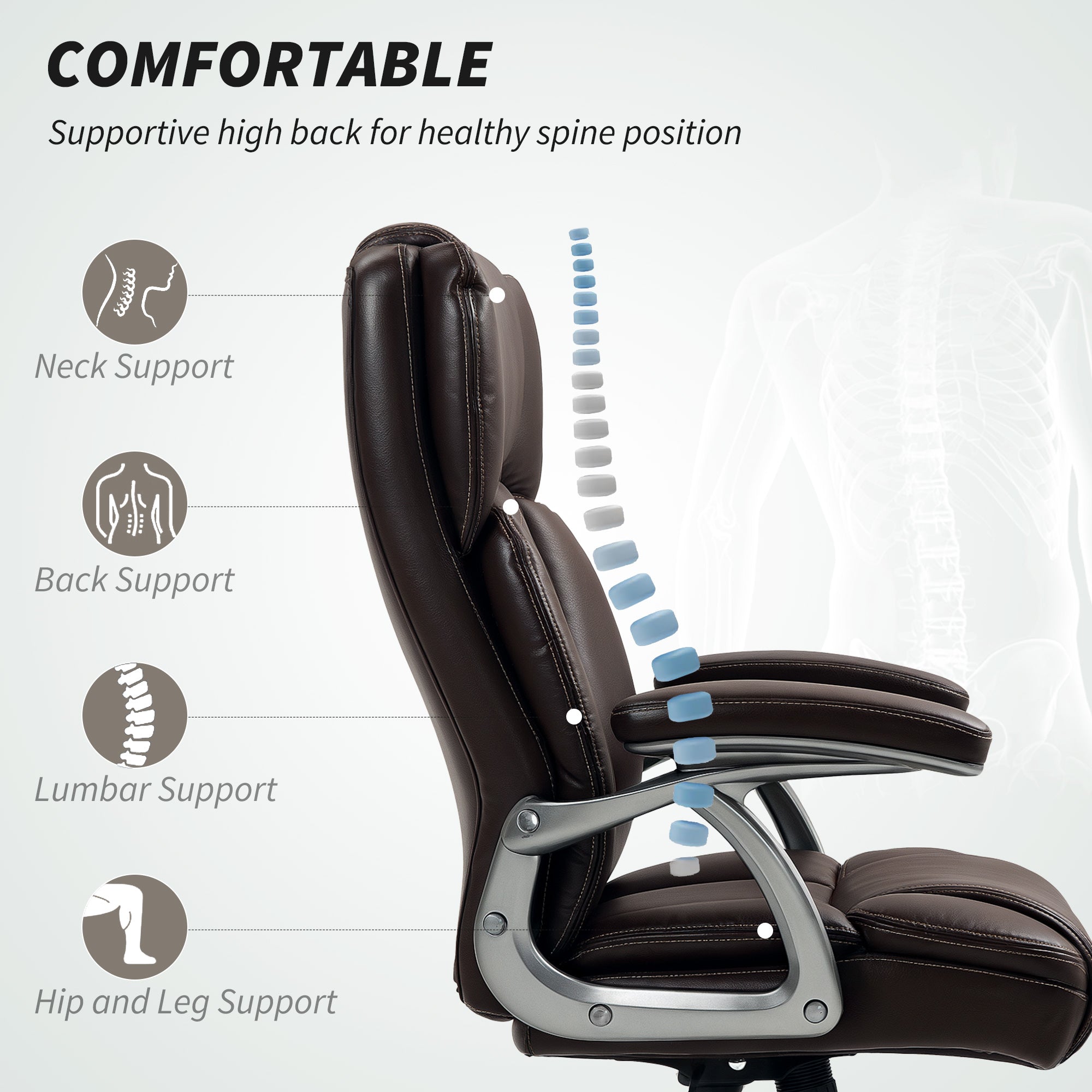 HOMCOM Executive Office Chair, PU Leather Desk Chair with Adjustable Height, Swivel Computer Chair with Tilt Function for Home Office, Brown - North Peak Garden Furniture