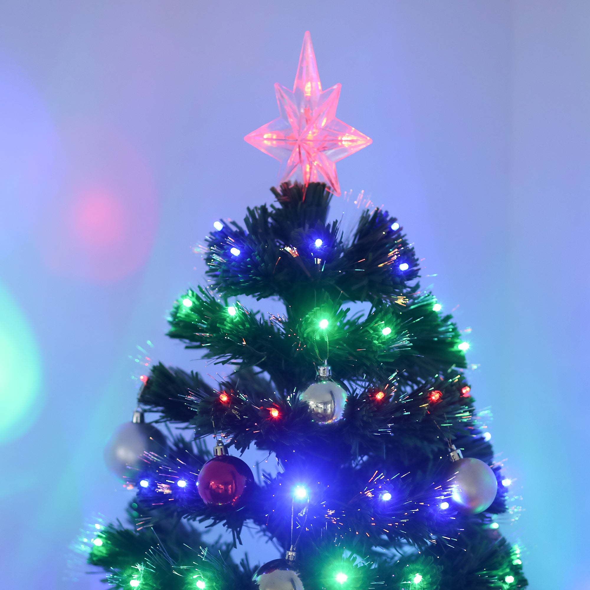 HOMCOM 5 Feet Prelit Artificial Christmas Tree with Multi-Coloured Fiber Optic LED Light, Holiday Home Xmas Decoration, Green - North Peak Garden Furniture
