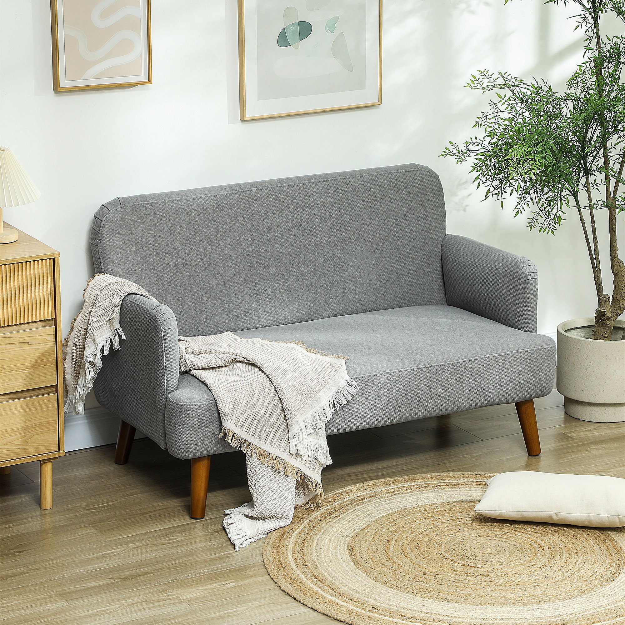 HOMCOM Velvet Feel Fabric 2 Seater Sofa, Small Sofa Loveseat with 21cm Thick Padding and Wood Legs, Grey - North Peak Garden Furniture