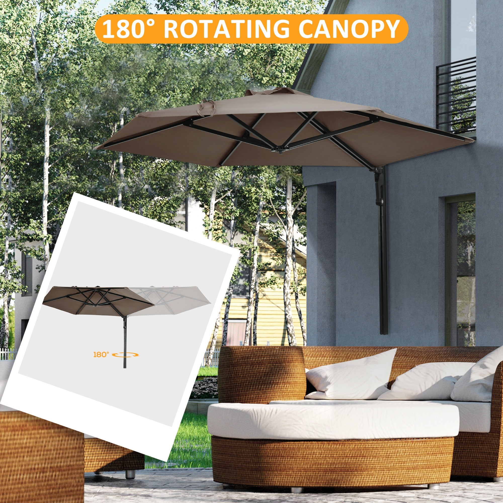 Outsunny 2.5m Wall Mounted Parasol, Hand to Push Outdoor Patio Umbrella with 180 Degree Rotatable Canopy for Porch, Deck, Garden, 250 cm, Khaki - North Peak Garden Furniture