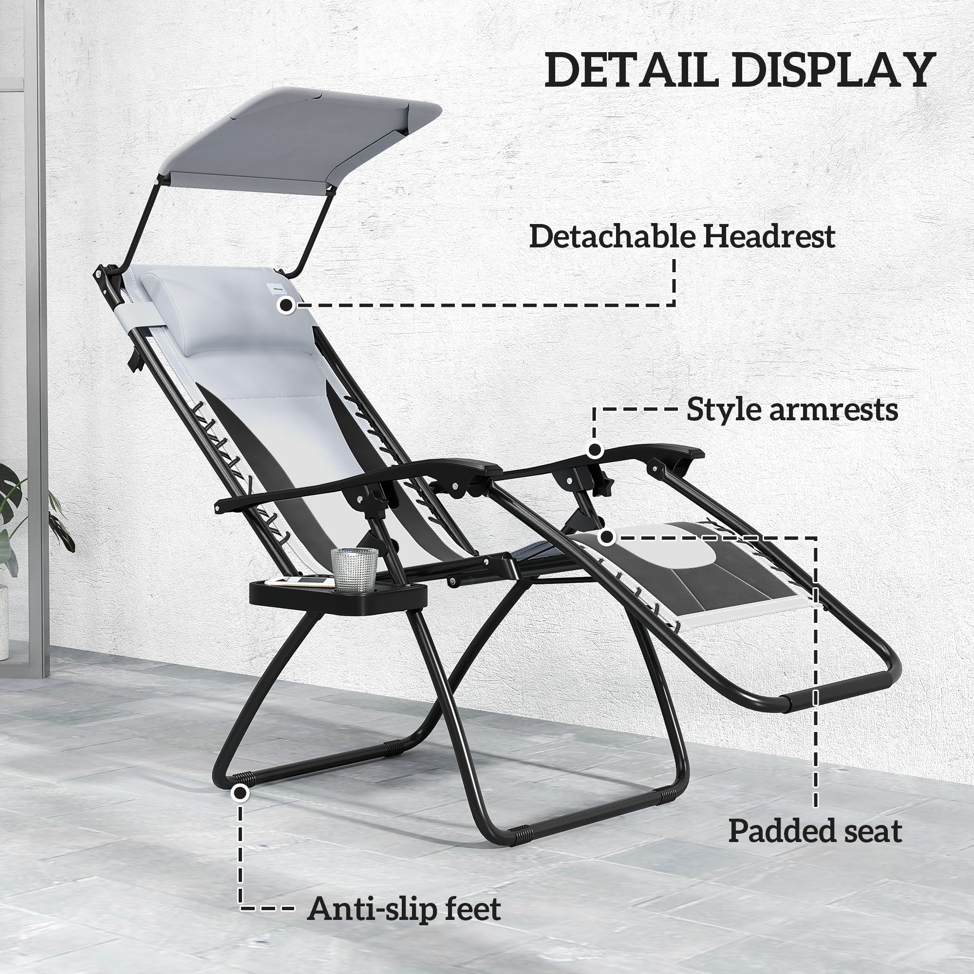 Outsunny Zero Gravity Lounger Chair Set of 2, Folding Reclining Patio Chair with Shade Cover, Padded Seat, Cup Holder, Soft Cushion and Headrest for Poolside, Camping, Light Grey - North Peak Garden Furniture
