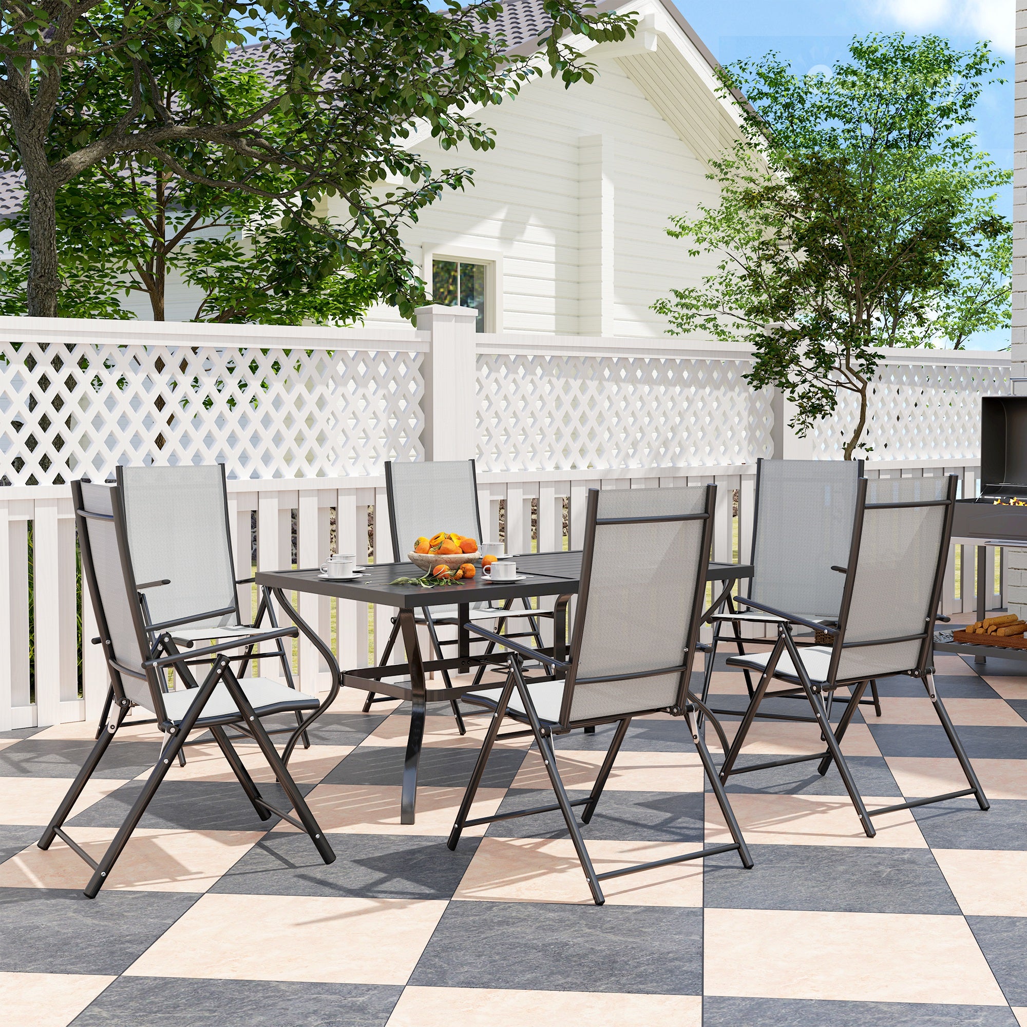 Outsunny Seven-Piece Steel Outdoor Dining Set, with Parasol Hole - Grey - North Peak Garden Furniture