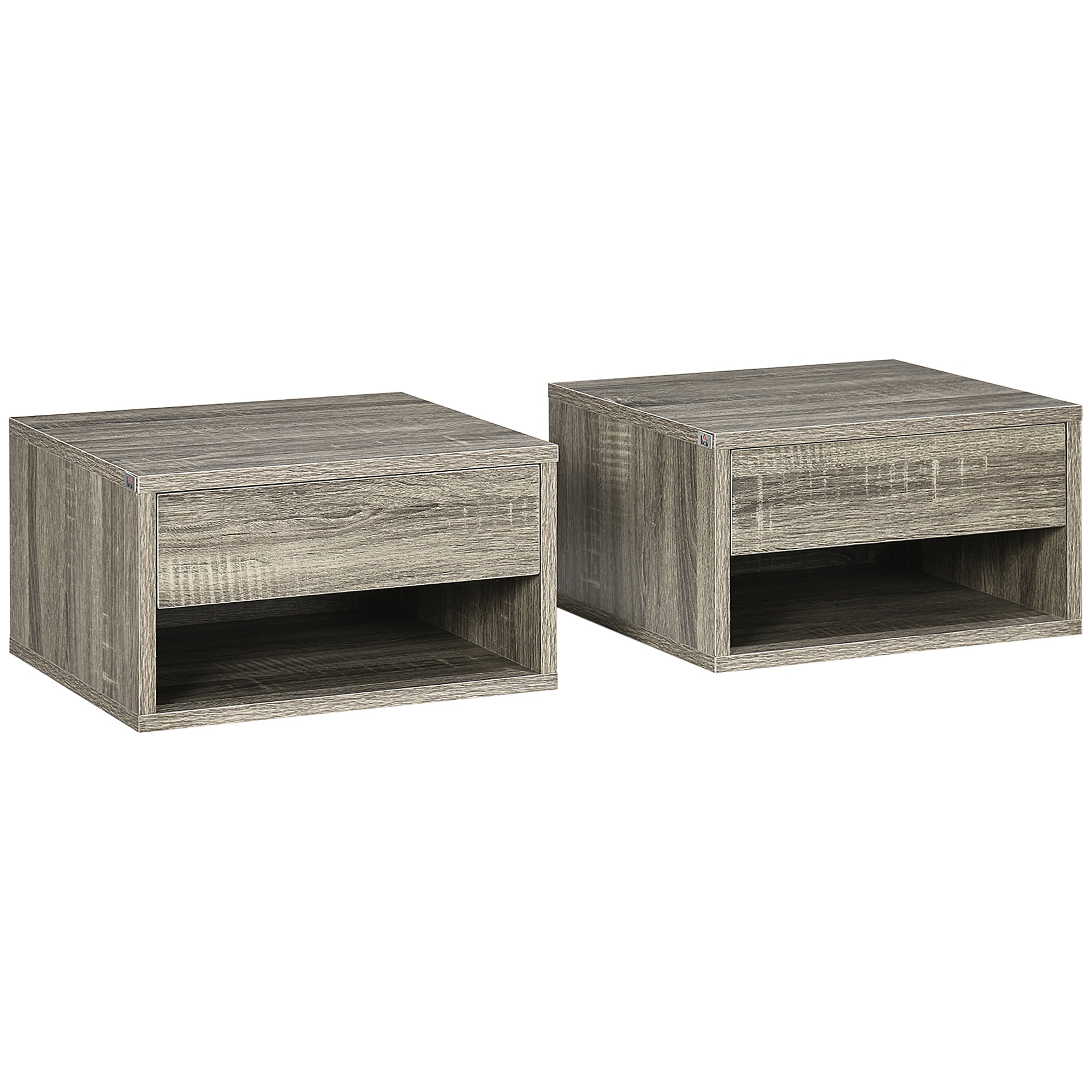HOMCOM Set of Two Floating Bedside Tables Wall Mounted Nightstands with Drawer and Shelf for Bedroom, Brown Wood-Effect - North Peak Garden Furniture