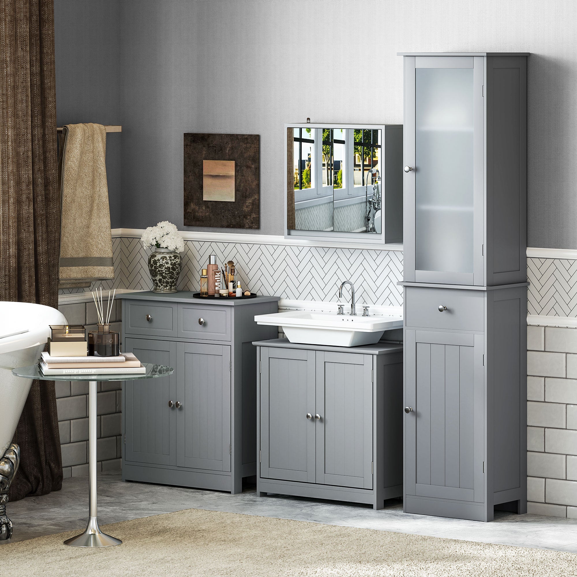 kleankin 75x60cm Freestanding Bathroom Storage Cabinet Unit w/ 2 Drawers Cupboard Adjustable Shelf Metal Handles Traditional Style Grey - North Peak Garden Furniture