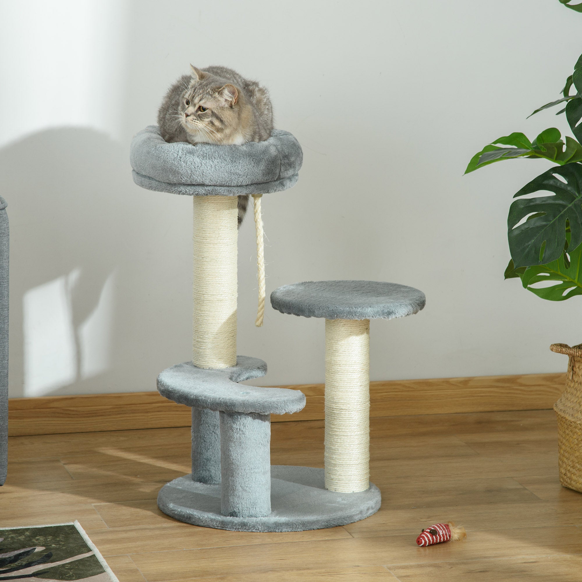 PawHut 65cm Cat Tree, Cat Tower for Kittens, Small Cat Condo with Sisal Scratching Posts, Hanging Rope, Perches - Grey