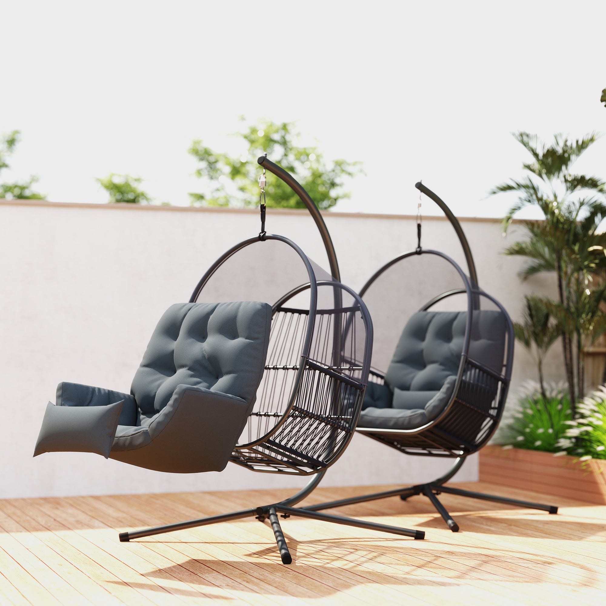 Outsunny Hanging Egg Chair Outdoor Indoor, Swing Hammock Chair with Stand, Cushions, Lumbar Pillow, Adjustable Height and Steel Frame for Garden Patio Lounge Porch, Dark Grey - North Peak Garden Furniture