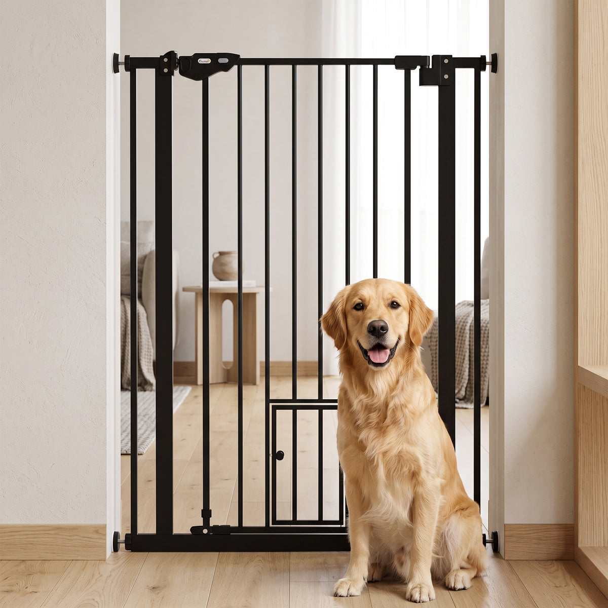 PawHut Extra Tall Pet Gate, Indoor Dog Safety Gate, with Cat Flap, Auto Close, 74-80cm Wide - Black