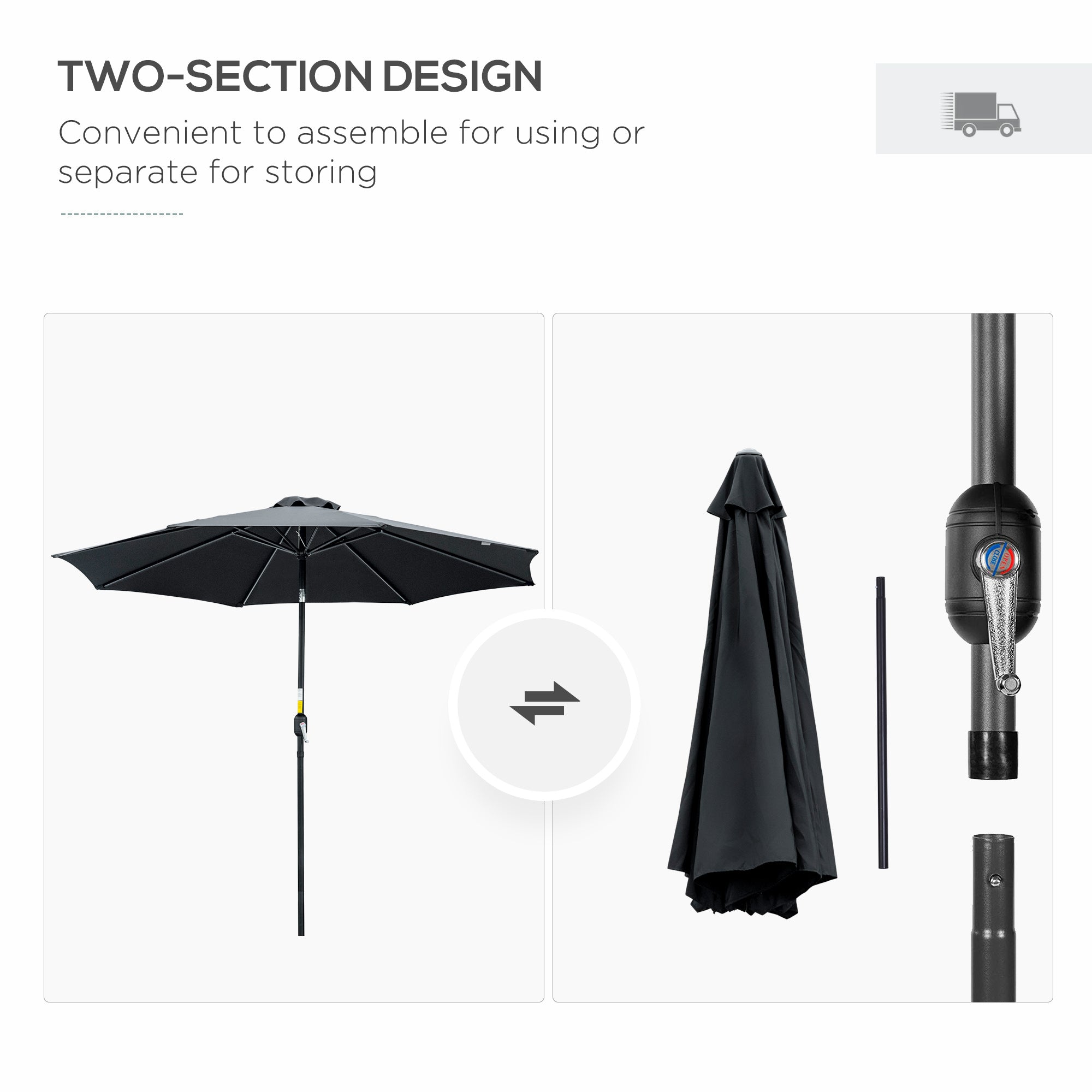 Outsunny 3(m) Tilting Parasol Garden Umbrellas, Outdoor Sun Shade with 8 Ribs, Tilt and Crank Handle for Balcony, Bench, Garden, Black - North Peak Garden Furniture