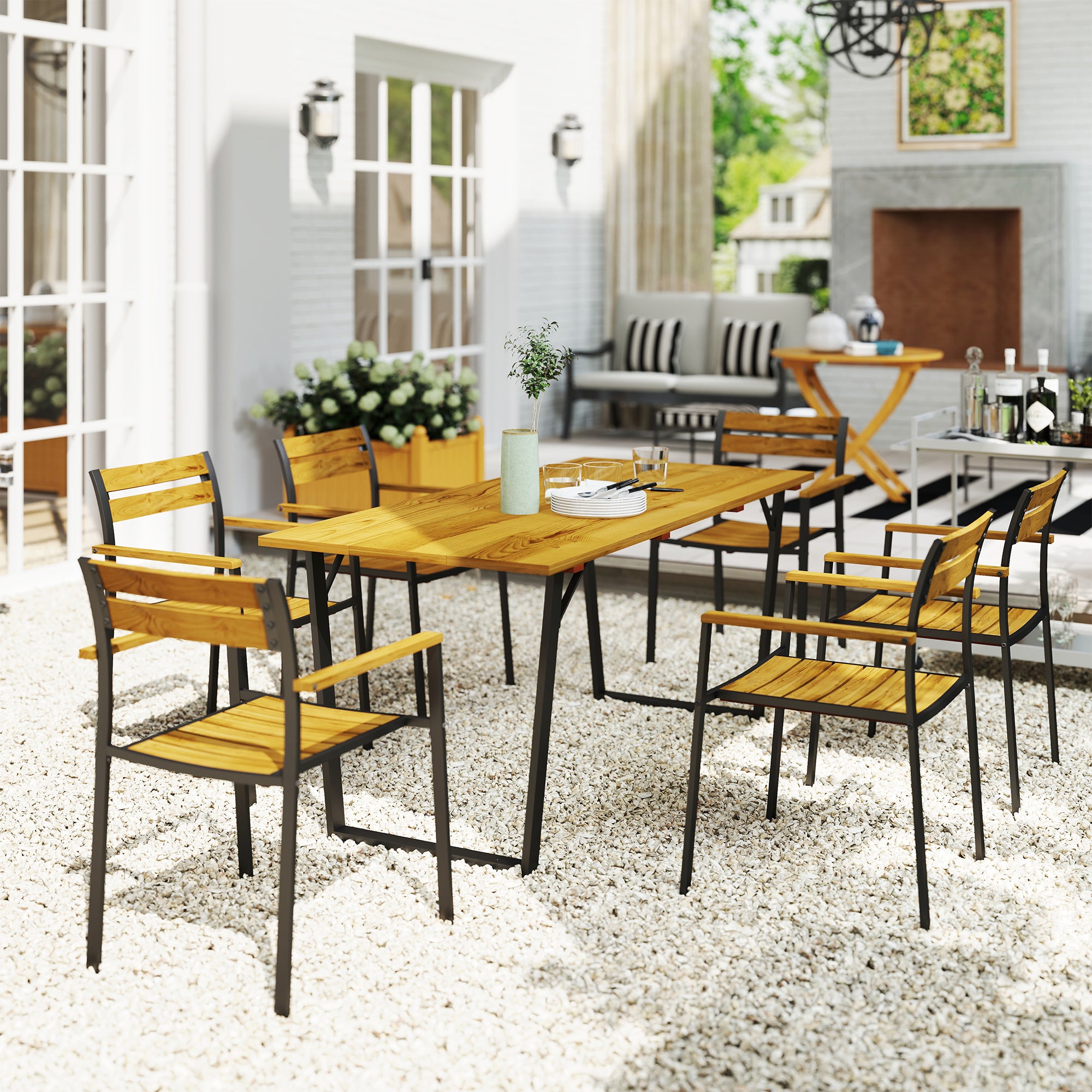 Outsunny Seven-Piece Wood Panel Patio Dining Set - Brown/Black