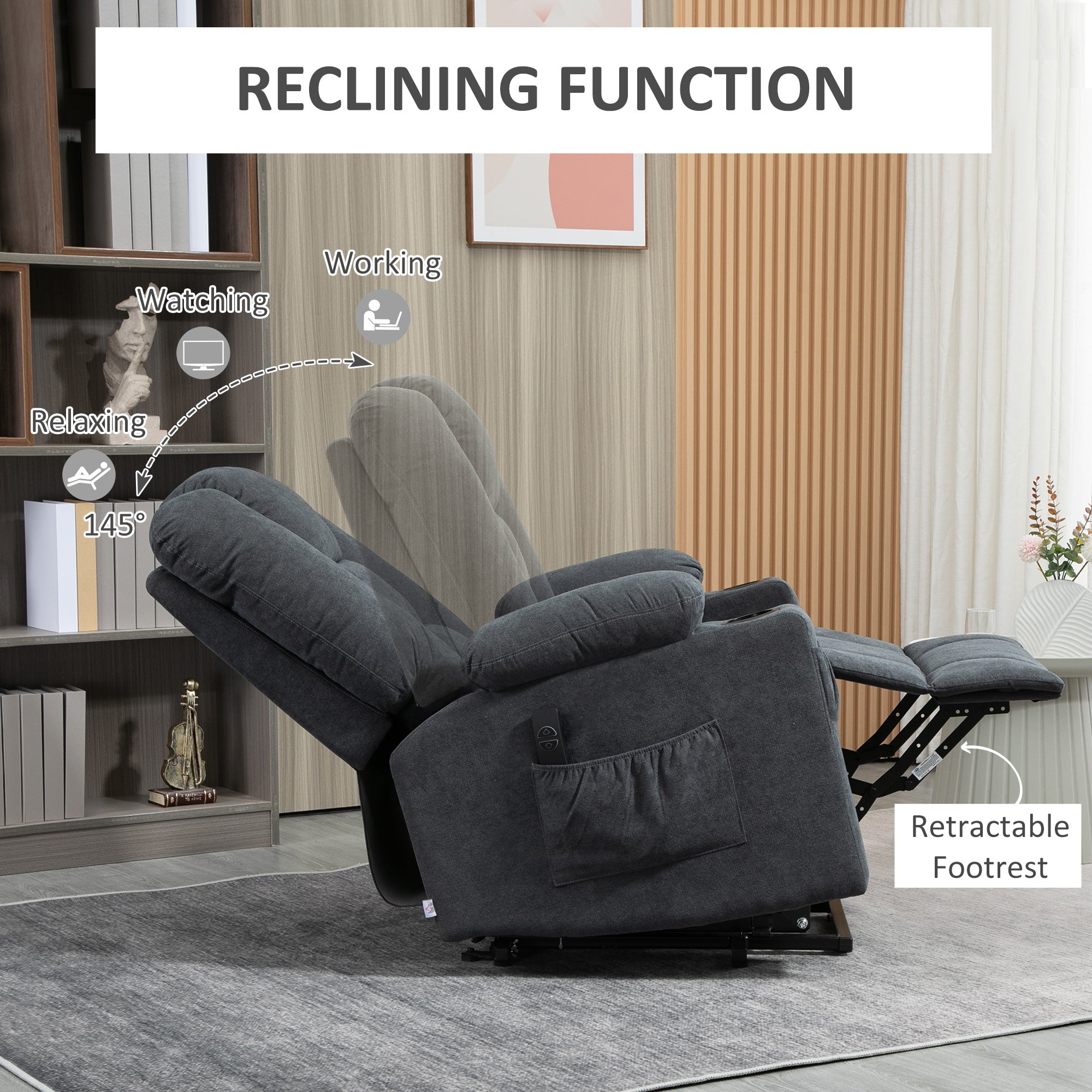 HOMCOM Oversized Riser and Recliner Chairs for the Elderly, Fabric Upholstered Lift Chair for Living Room with Remote Control, Side Pockets, Cup Holder, Charcoal Grey - North Peak Garden Furniture