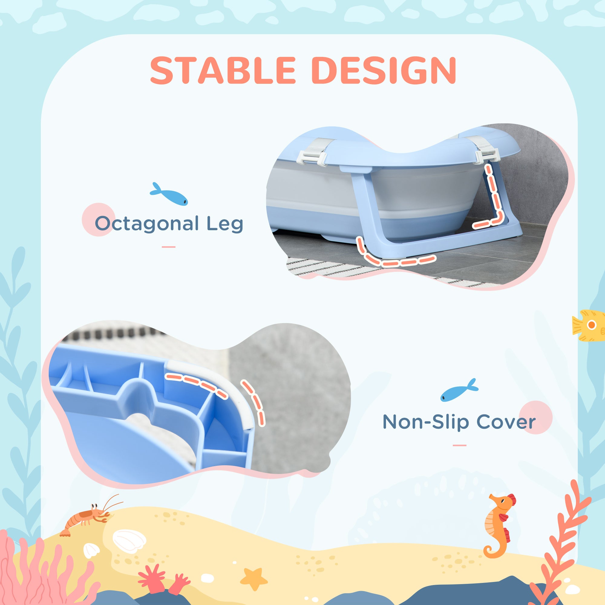 ZONEKIZ Foldable Baby Bathtub, with Non-Slip Support Legs, Cushion Pad, Shower Holder - Blue - North Peak Garden Furniture