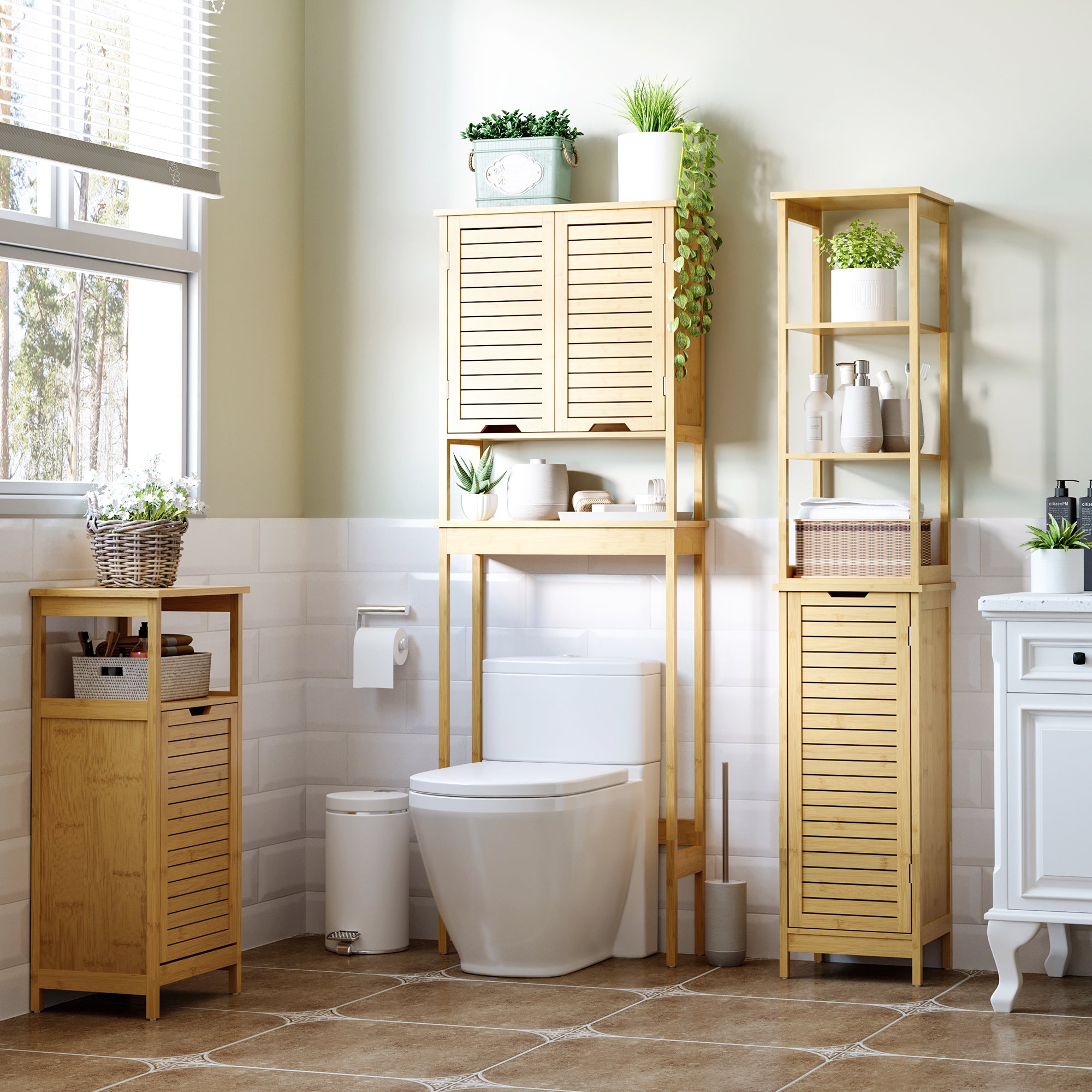 kleankin Bathroom Floor Cabinet with 3 Shelves, Slim Storage Cupboard and Freestanding Organiser, Natural