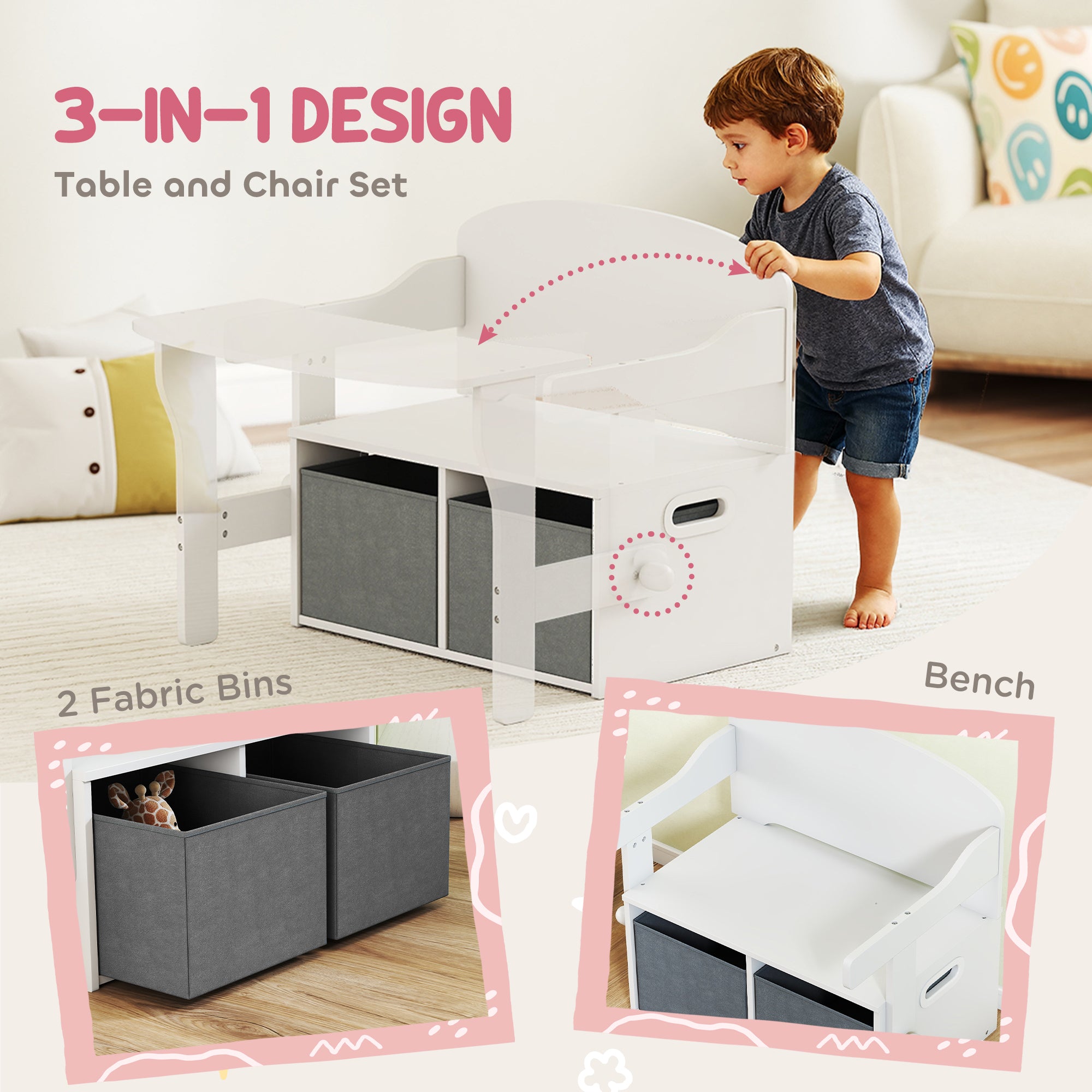AIYAPLAY 3 in 1 Kids Storage Bench, Convertible Children Table and Chair Set with 2 Fabric Bins, Toy Storage Box, White