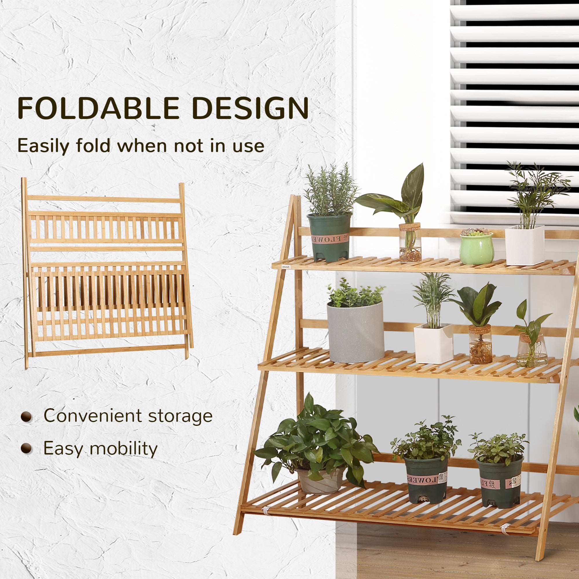 Outsunny 3-Tier Plant Stand, Plant Shelf Rack, Folding Bamboo Display Stand, 98x37x96.5cm, Natural - North Peak Garden Furniture