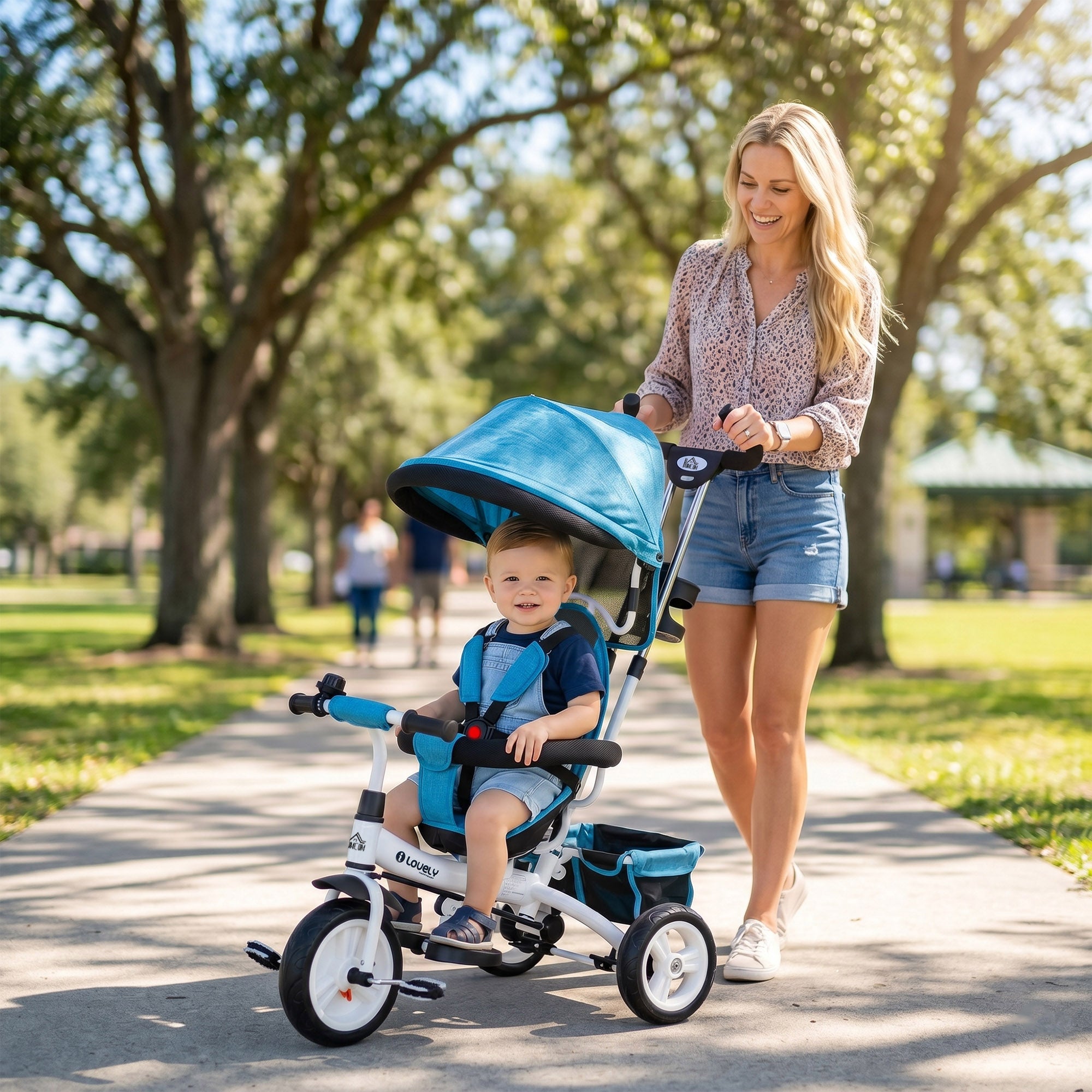 HOMCOM 6 in 1 Kids Trike Push Bike w/ Push Handle, Canopy, 5-point Seat Belt, Storage, Footrest, Brake, for 1-5 Years, Blue