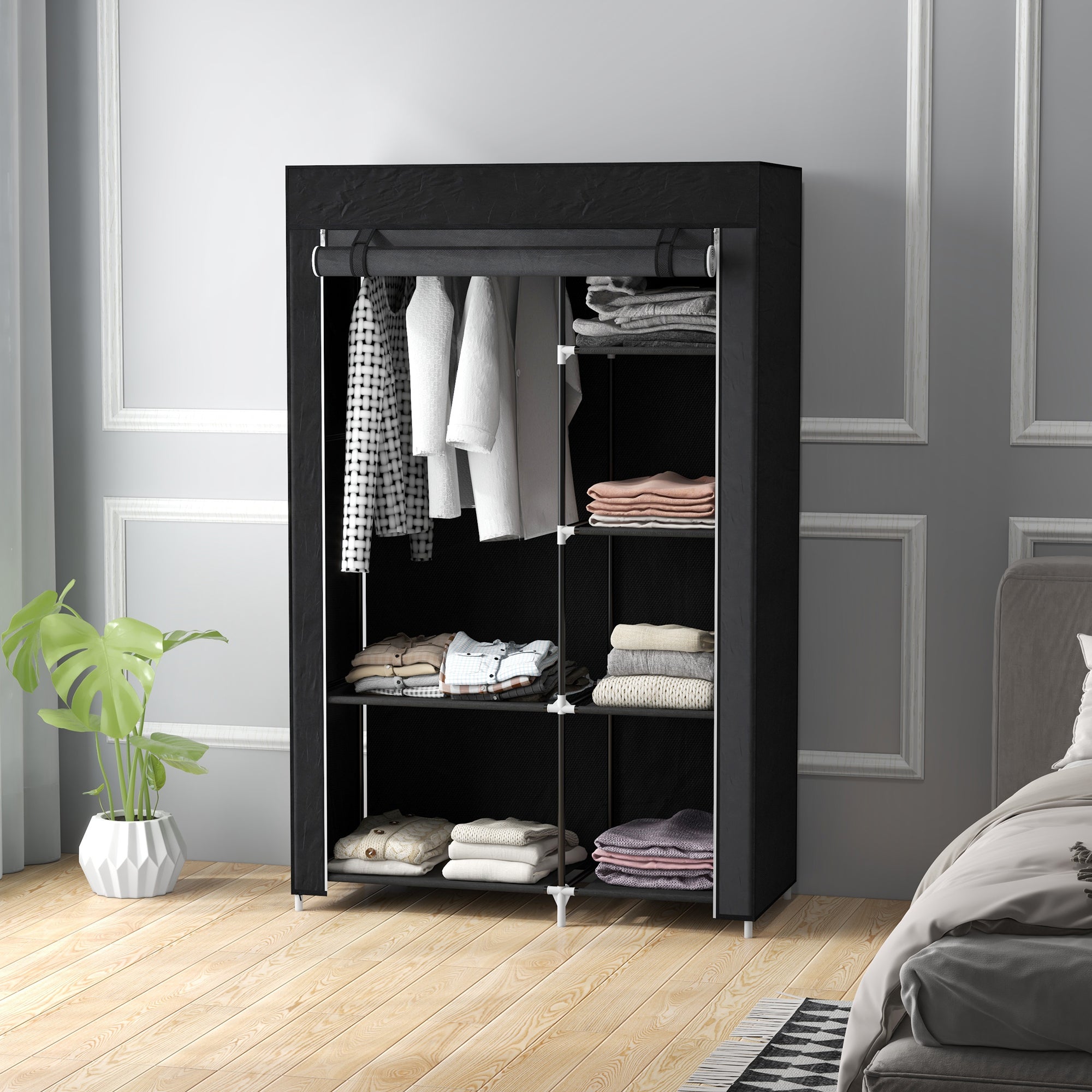 HOMCOM Fabric Wardrobe, Portable Wardrobe with 6 Shelves, 1 Hanging Rail, Foldable Closets, 103 x 43 x 162.5 cm, Black - North Peak Garden Furniture