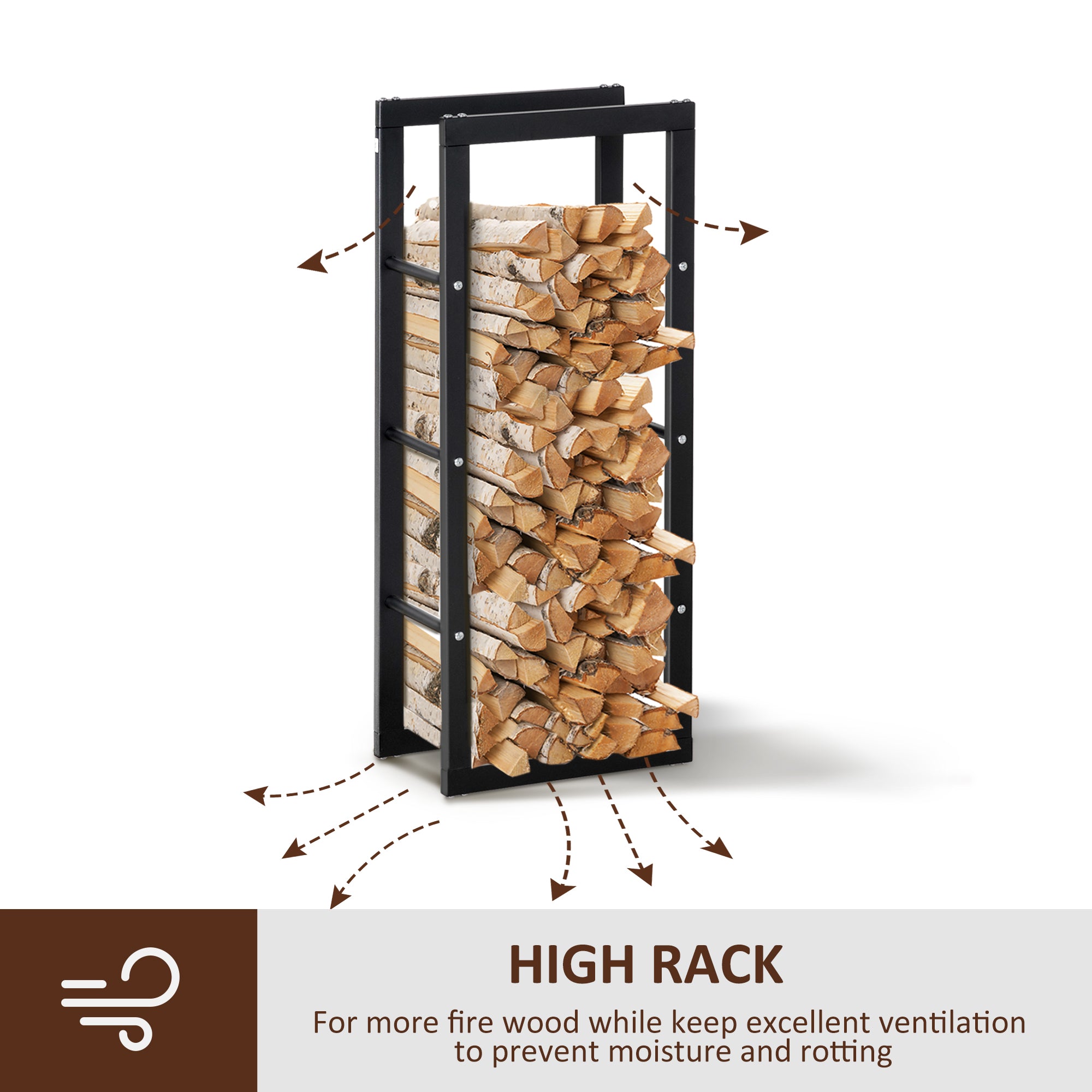 HOMCOM Metal Firewood Log Holder Tall Firewood Rack Indoor Outdoor Fireplace Wood Storage Shelf with Side Rails, Rust-Resistant, Black, 40W x 25D x 100H cm - North Peak Garden Furniture