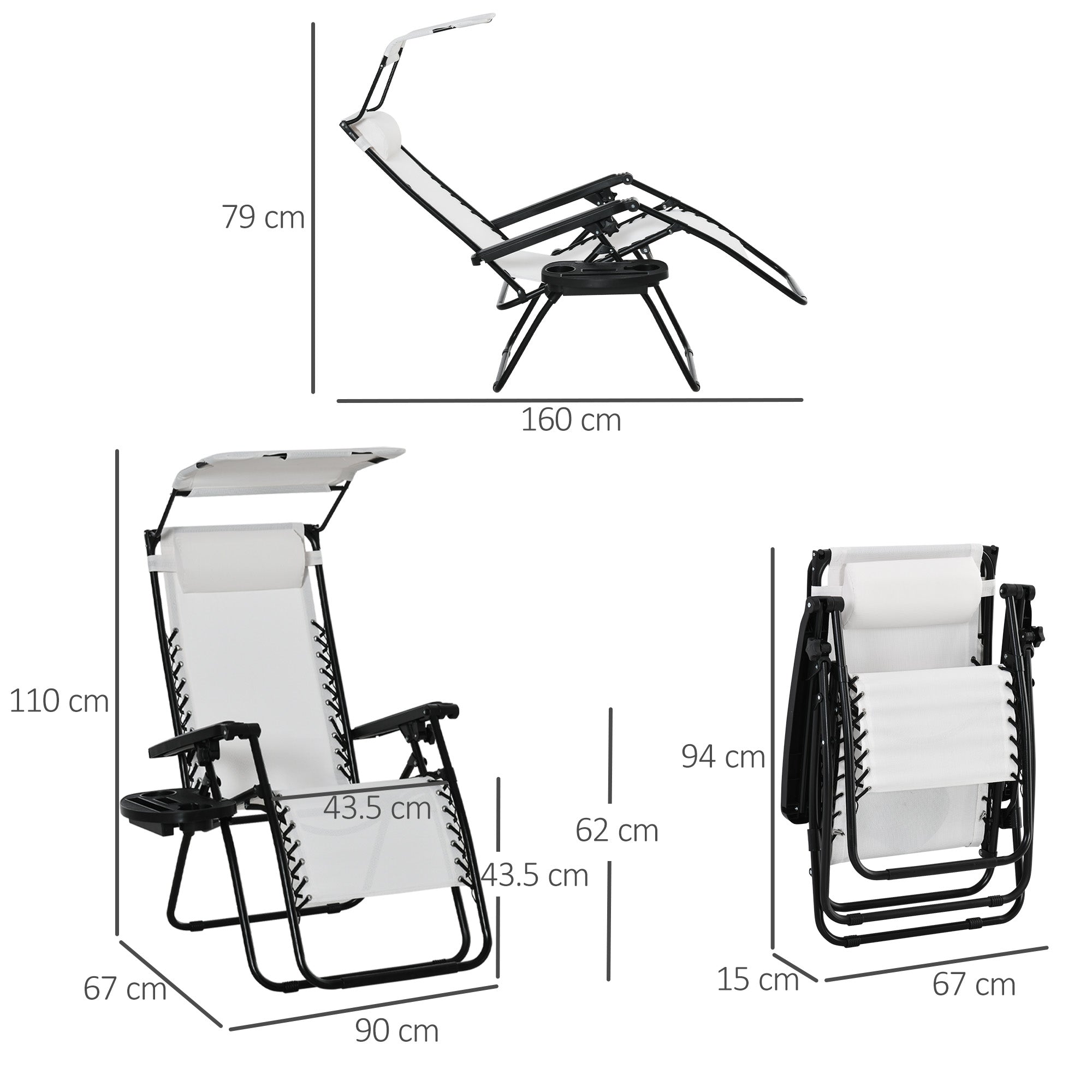 Outsunny 2 Piece Foldable Reclining Garden Chair with Headrest, Zero Gravity Deck Sun Lounger Seat Chair with Footrest, Armrest, Cup Holder & Canopy Shade, White - North Peak Garden Furniture
