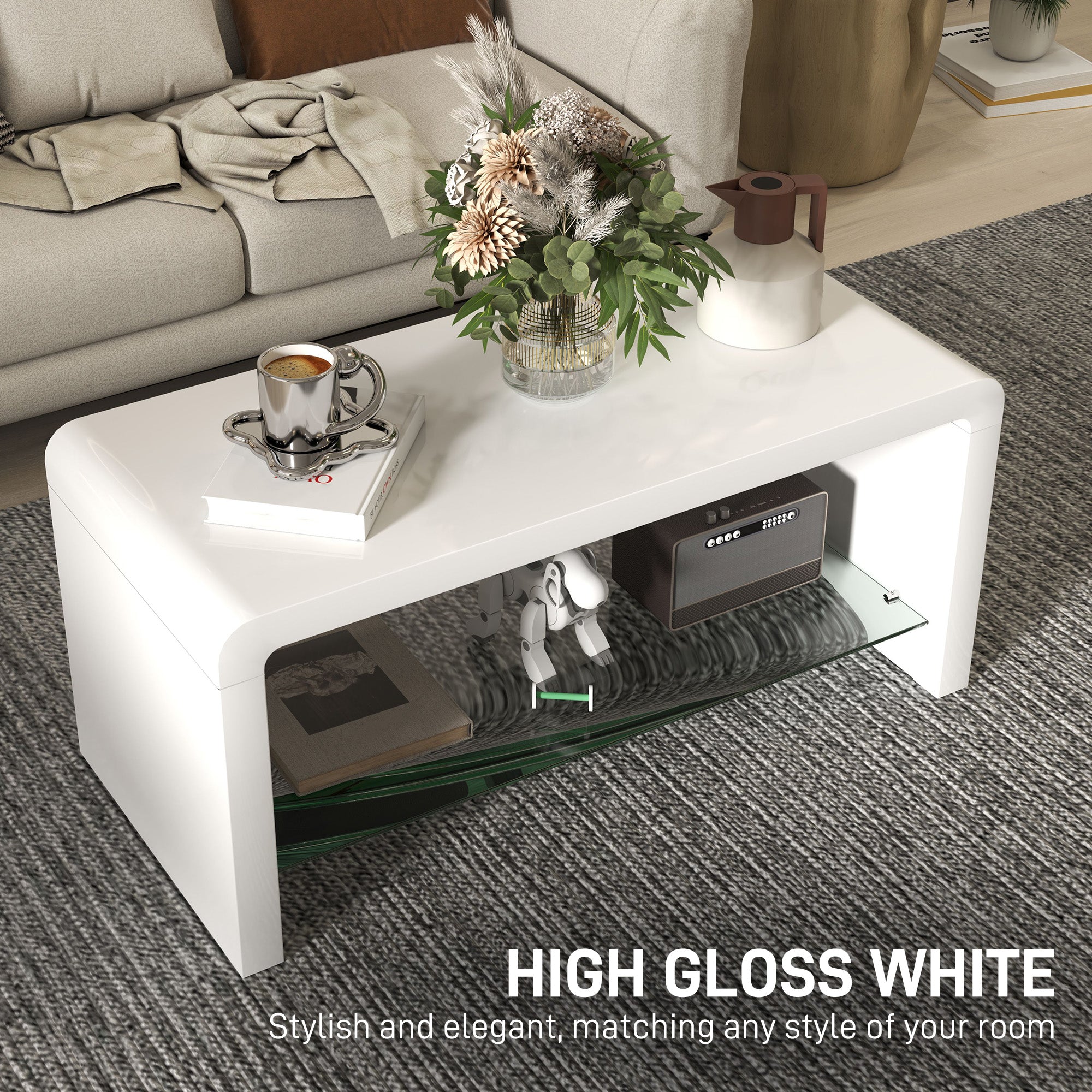 HOMCOM Curved Two-Tier Coffee Table - High Gloss White - North Peak Garden Furniture