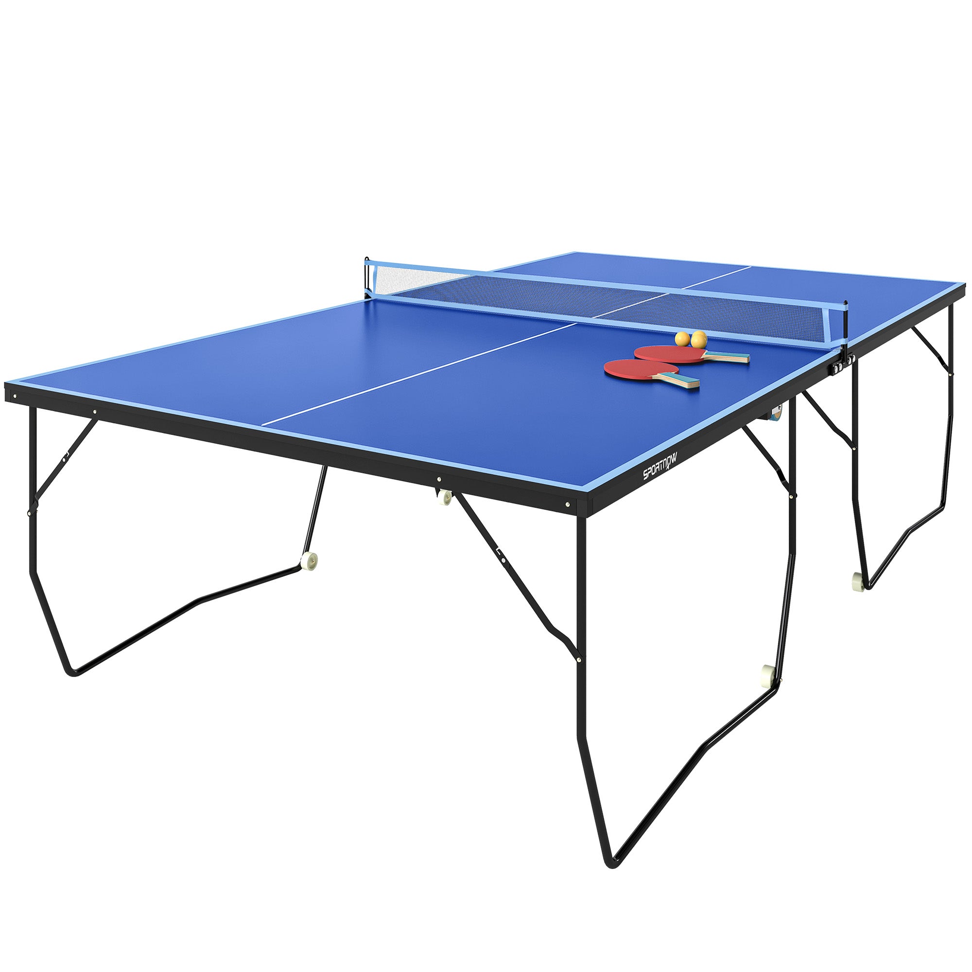 SPORTNOW 9FT Folding Table Tennis Table, with 8 Wheels, for Indoor Use - Blue