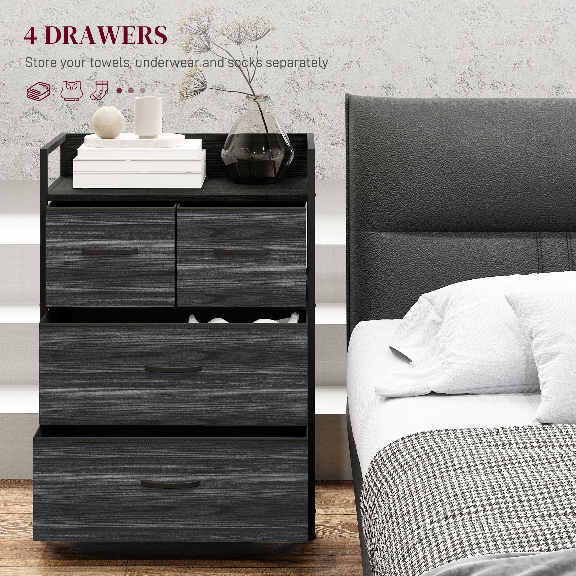 HOMCOM Rustic Chest of Four Fabric Drawers - Black - North Peak Garden Furniture
