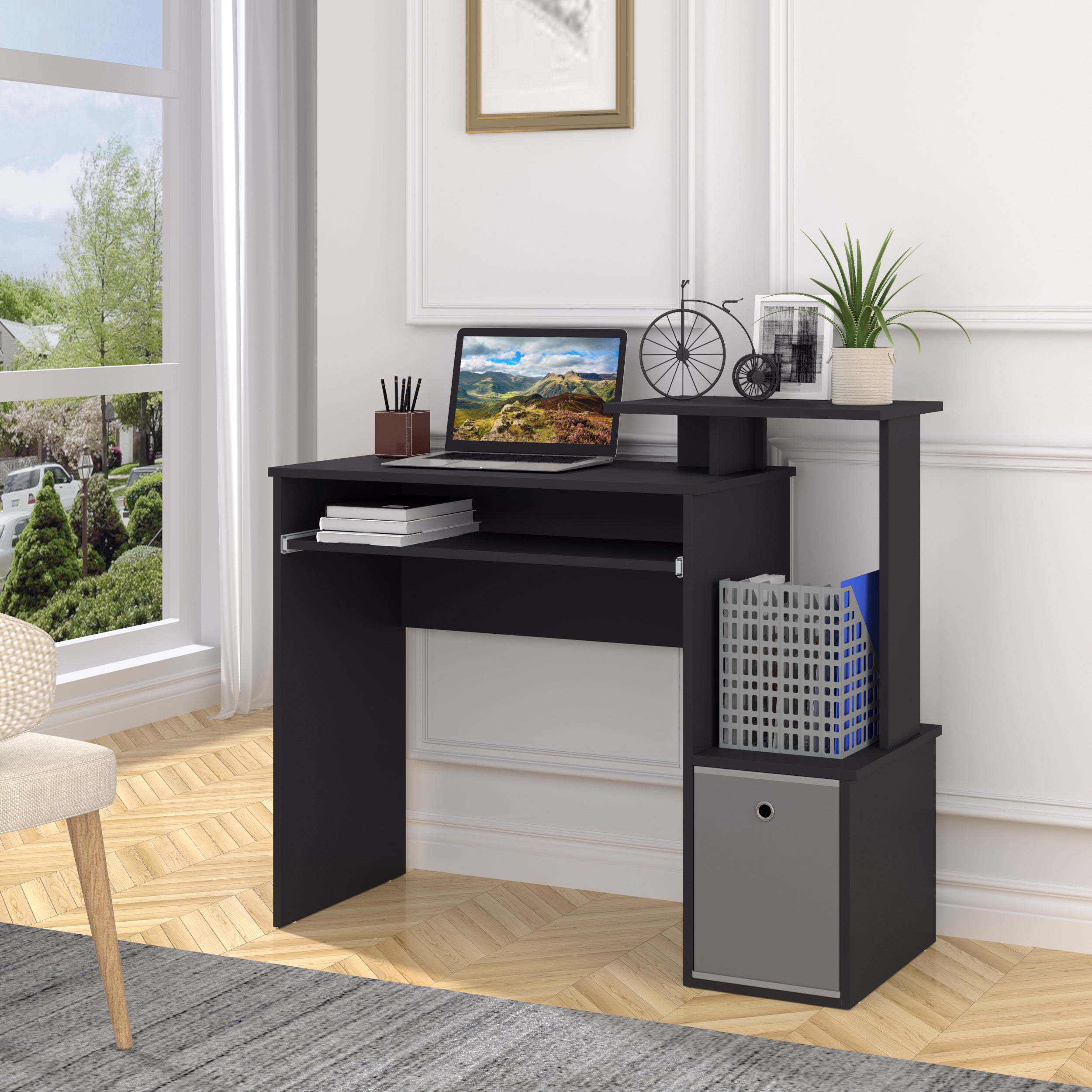 HOMCOM Computer Desk with Sliding Keyboard Tray Storage Drawer Shelf Home Office Workstation Black - North Peak Garden Furniture