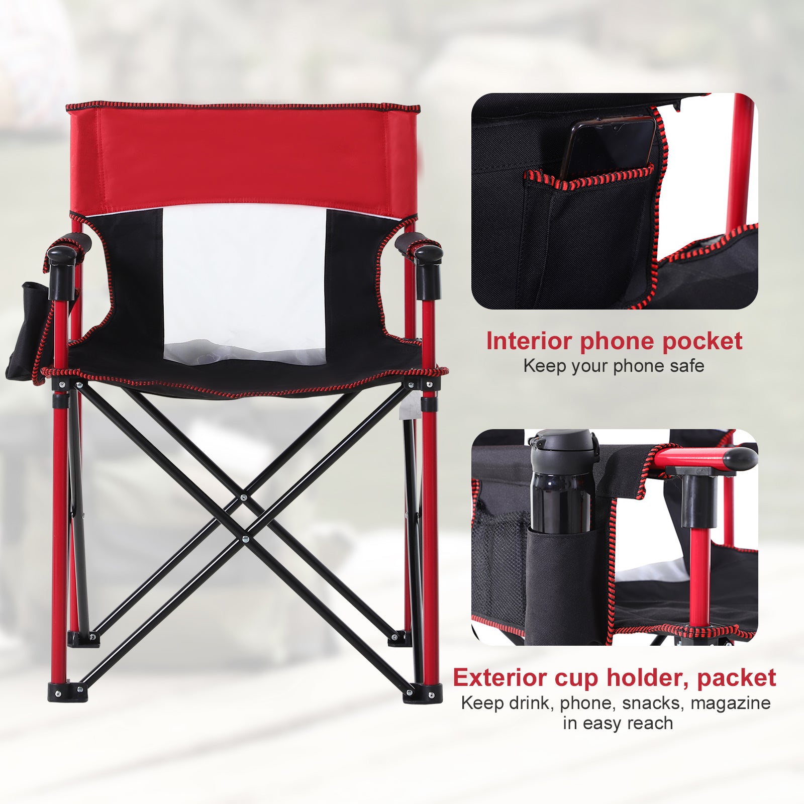 Outsunny Portable Folding Camping Chair, Durable Metal Frame with Comfortable Sponge Padding and Convenient Storage Pockets, Eye-Catching Red