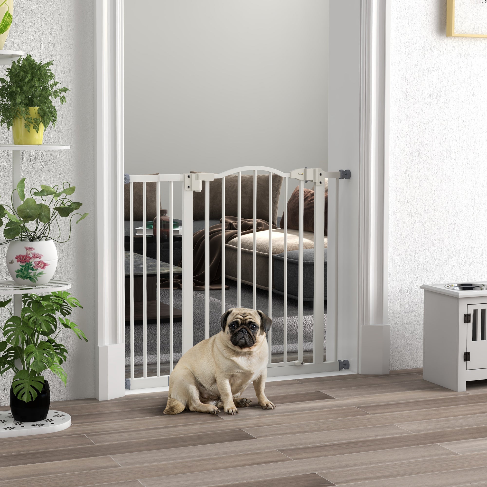 PawHut Metal 74-94cm Adjustable Pet Gate Safety Barrier w/ Auto-Close Door White - North Peak Garden Furniture