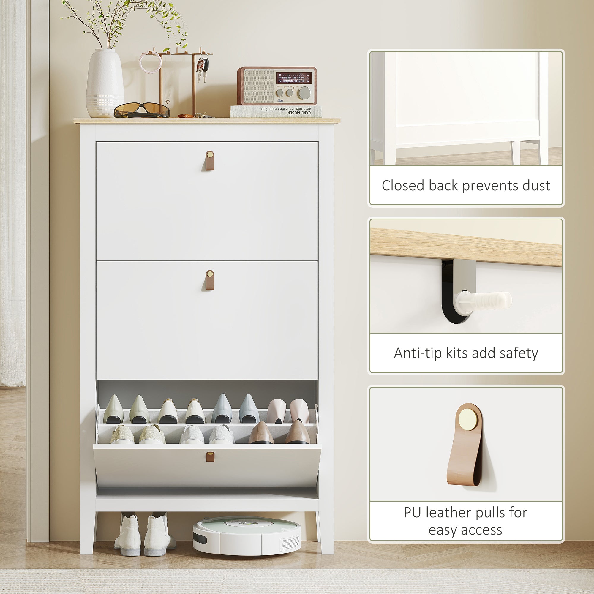 HOMCOM Modern Three-Drawer Shoe Cabinet - White - North Peak Garden Furniture