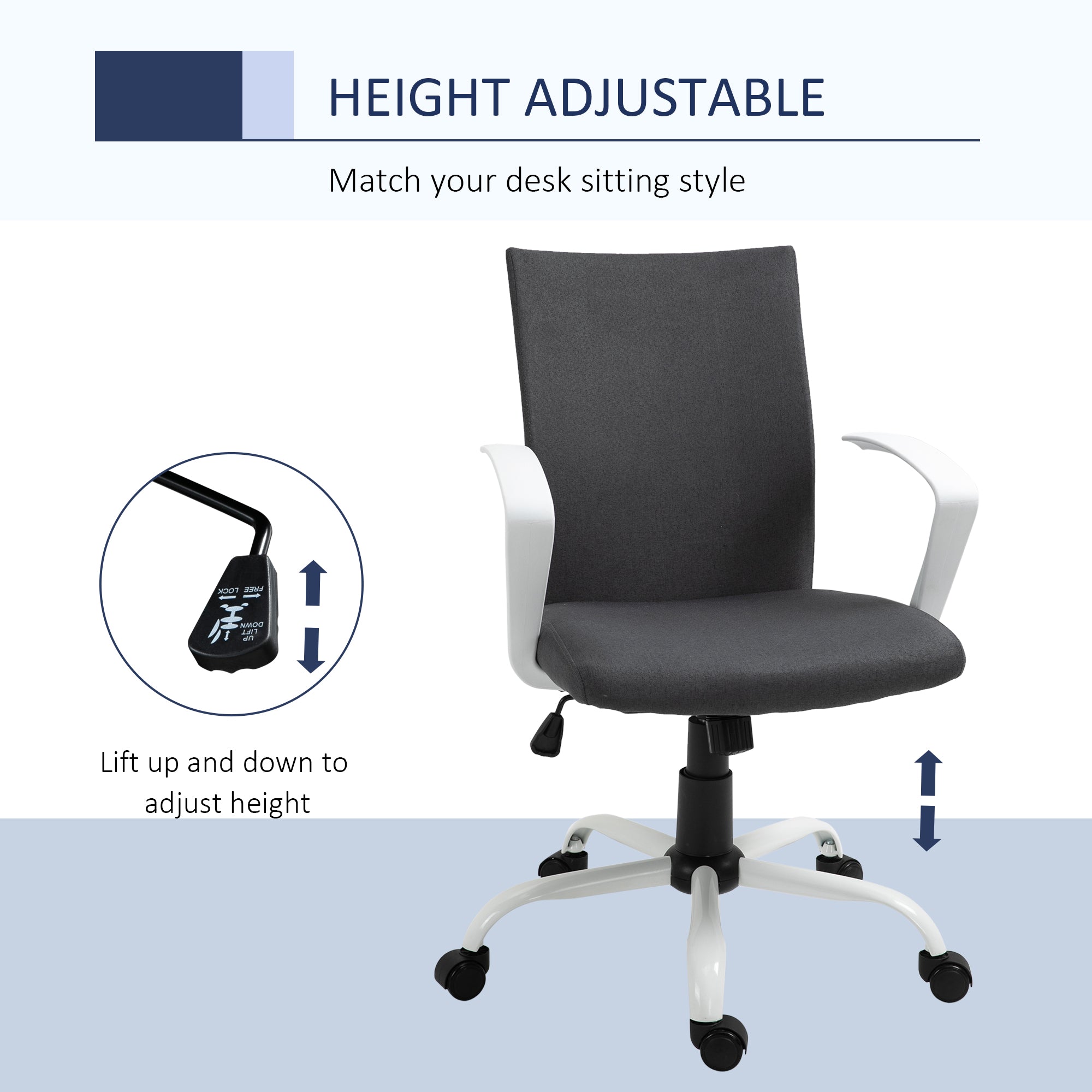 Vinsetto Office Chair Linen Swivel Computer Desk Chair Home Study Task Chair with Wheels, Arm, Adjustable Height, Dark Grey - North Peak Garden Furniture