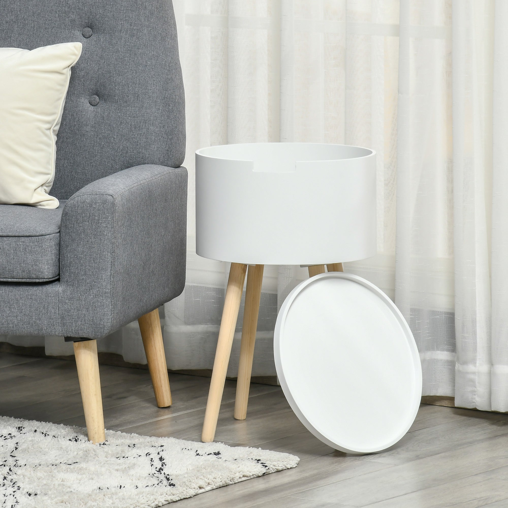 HOMCOM Modern Side Table with Hidden Storage Space, Round Night Stand with Removable Tray Wood Frame End Coffee Table for Living Room, White - North Peak Garden Furniture