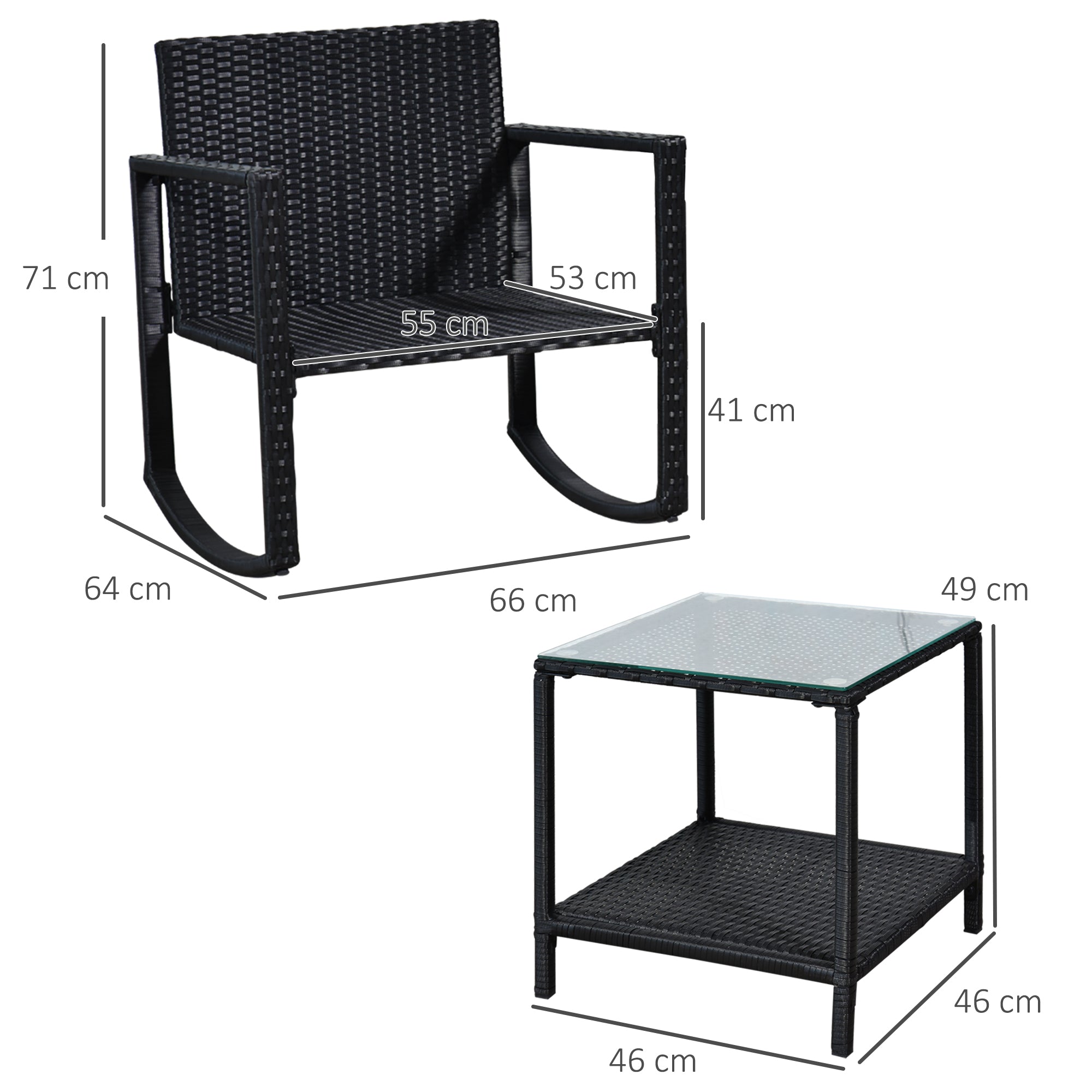 Outsunny 3 Pieces Rattan Garden Rocking Chair Set, Outdoor Rocking Bistro Set w/ 2 Cushioned Armchair and Glass Top Two-tier Coffee Table, Black - North Peak Garden Furniture