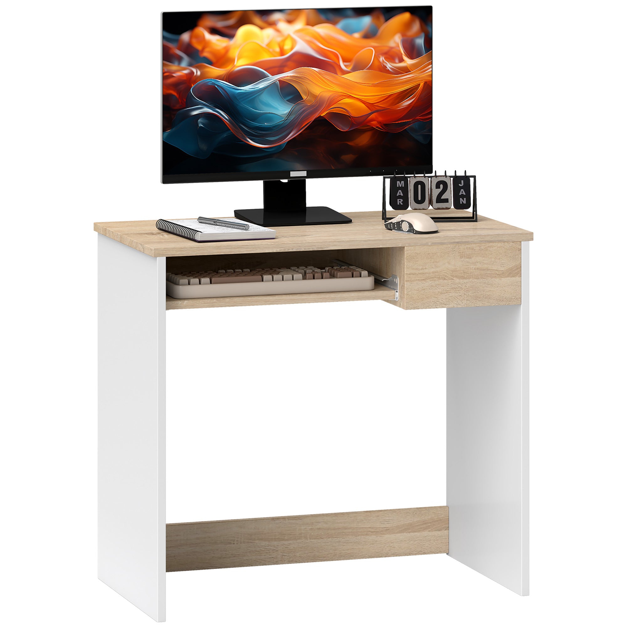 HOMCOM Compact Computer Table with Keyboard Tray Drawer Study Office Working Writing Desk, Oak Colour - North Peak Garden Furniture