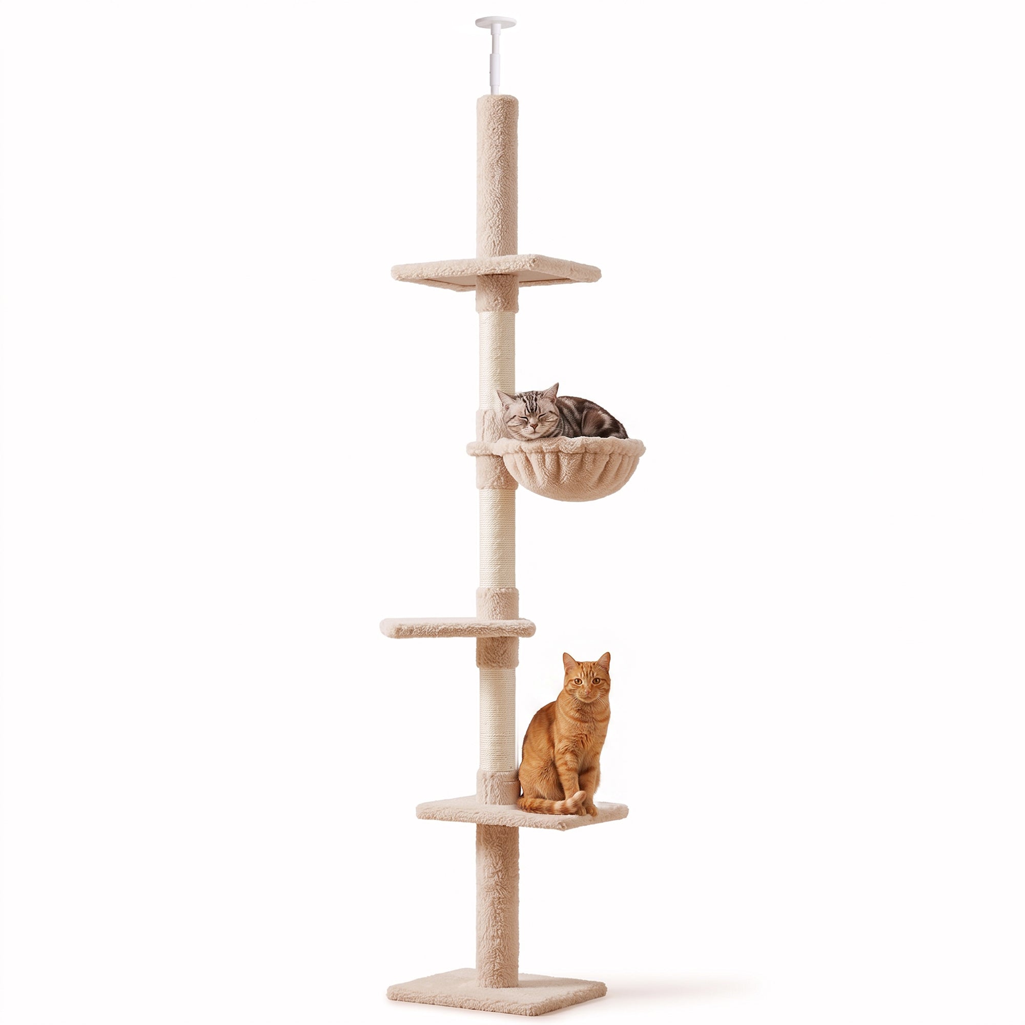 PawHut Floor to Ceiling Cat Tree for Indoor Cats 5-Tier Kitty Tower Climbing Activity Center Scratching Post Adjustable Height 230-260 cm Beige