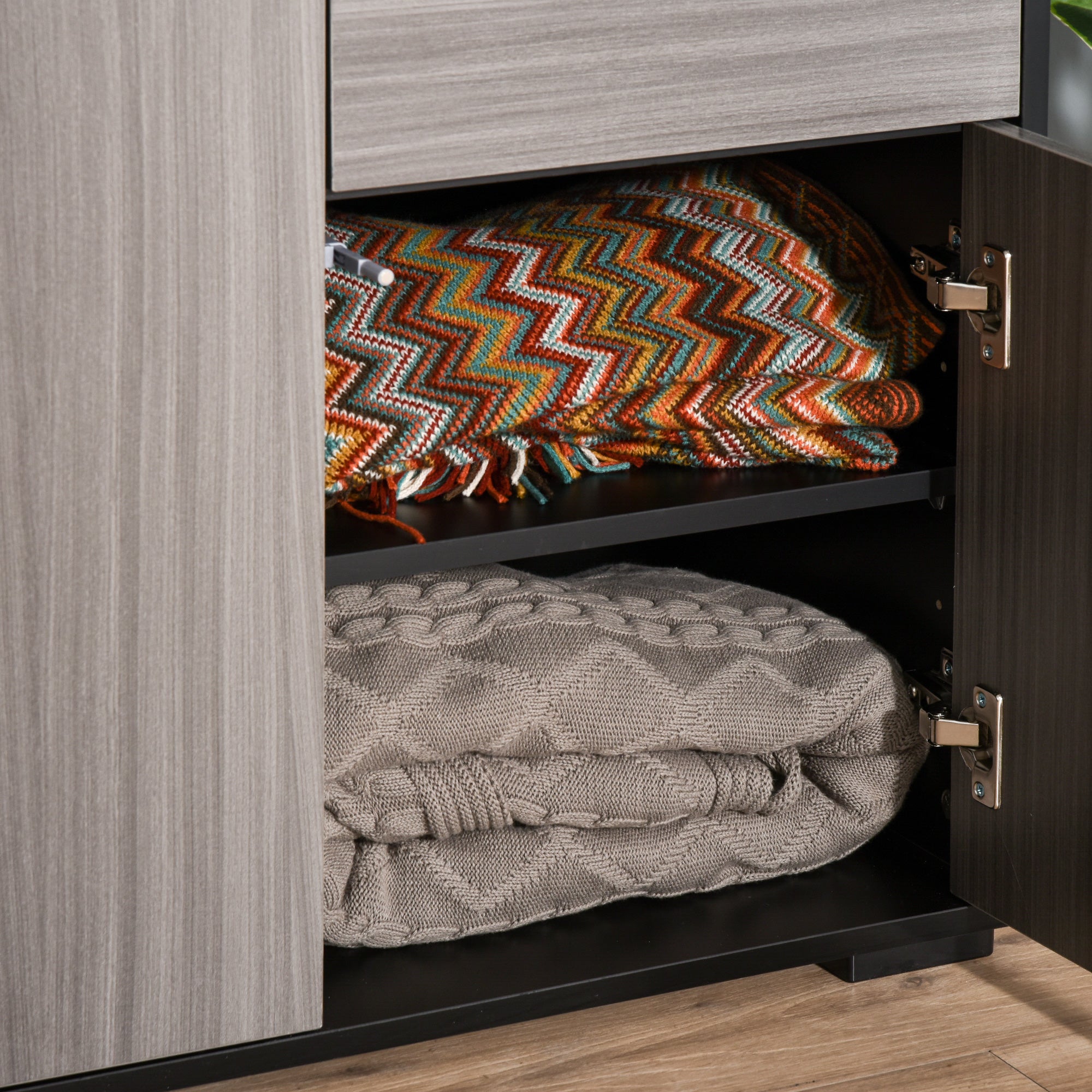 HOMCOM High Gloss Frame Sideboard, Side Cabinet, Push-Open Design with 2 Drawer for Living Room, Bedroom, Light Grey and Black - North Peak Garden Furniture