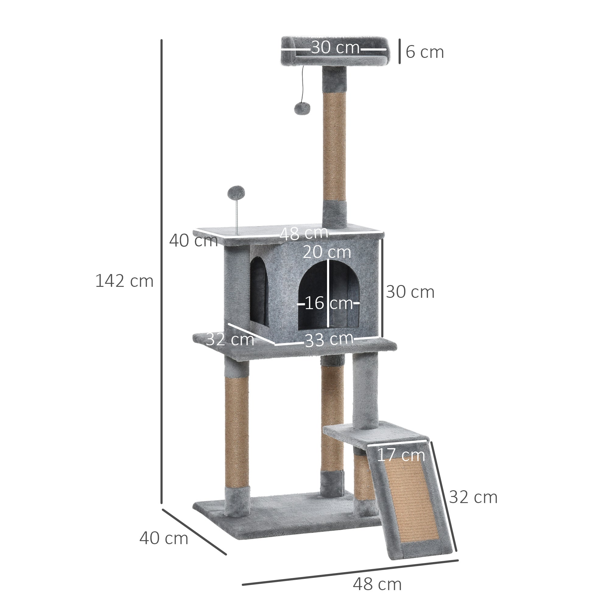 PawHut Cat Tree Tower for Indoor Cats 142cm Climbing Kitten Activity Center with Jute Scratching Post Board Perch Roomy Condo Removable Felt Hanging Toy, Grey - North Peak Garden Furniture