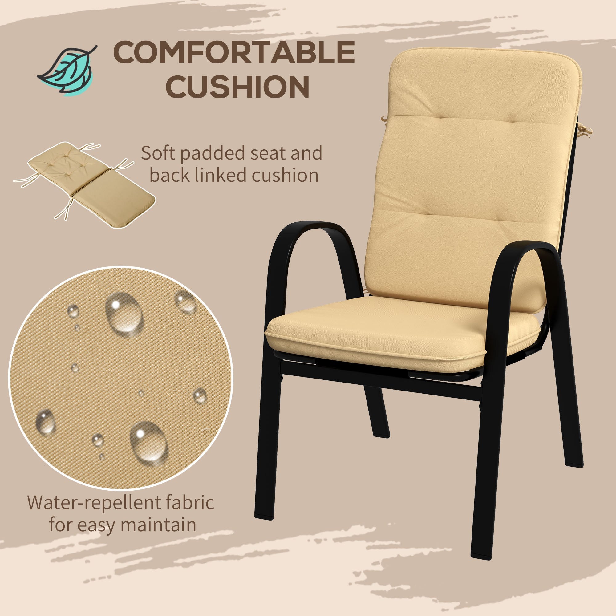 Outsunny 5 Pieces Outdoor Square Garden Dining Set w/ Tempered Glass Dining Table 4 Cushioned Armchairs, Umbrella Hole, Beige - North Peak Garden Furniture
