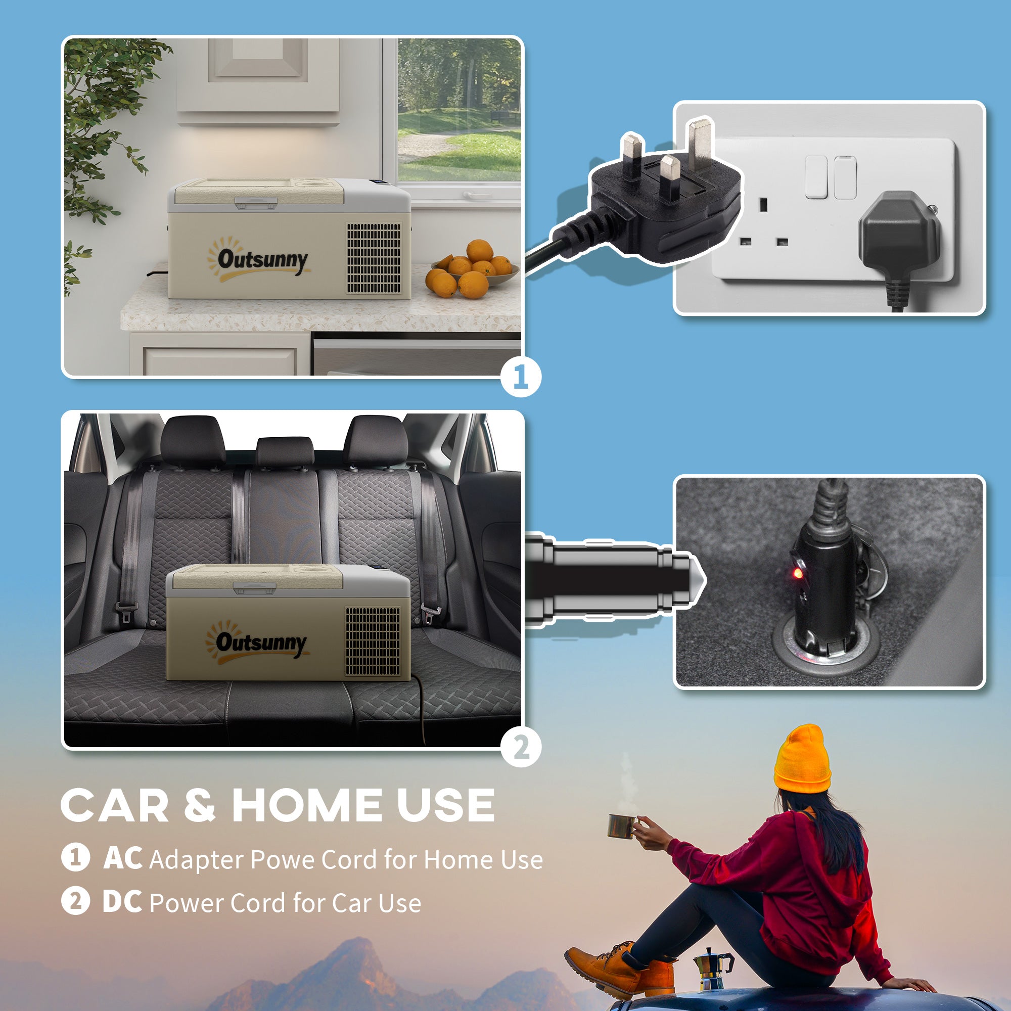 Outsunny 16L Portable Car Fridge, -20℃ to 10℃ Adjustable Temperature - Khaki/Grey - North Peak Garden Furniture