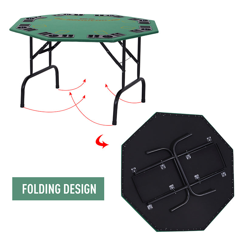 HOMCOM 8 Player Folding Games Poker Table with Chip Cup Holder Steel Base Felt Top Octagon Blackjack Green - North Peak Garden Furniture