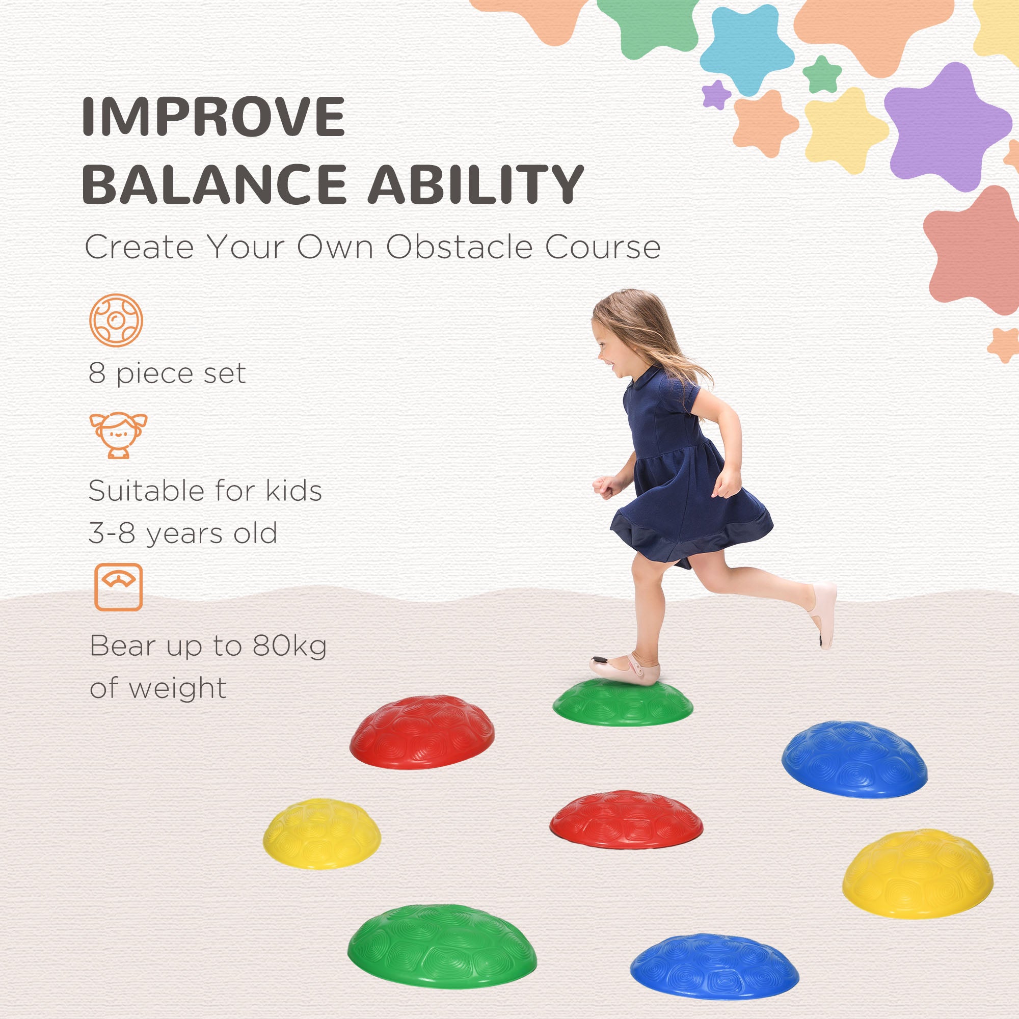 ZONEKIZ Eight-Piece Kids Stepping Stones, with Non-Slip Mats, Balance River Stones