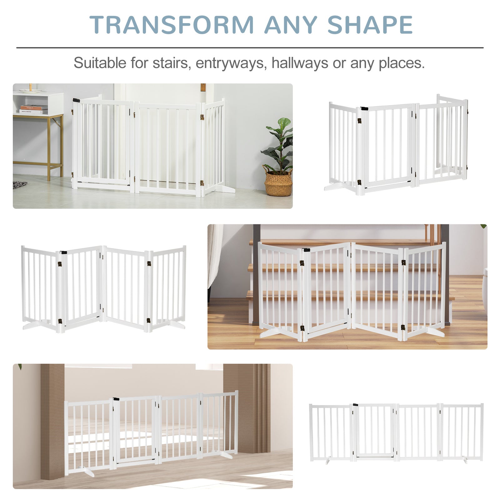 PawHut Freestanding Pet Gate for Small and Medium Dogs, Wooden Foldable Dog Safety Barrier with 4 Panels, 2 Support Feet, 80 cm Tall for Doorways, Stairs White - North Peak Garden Furniture