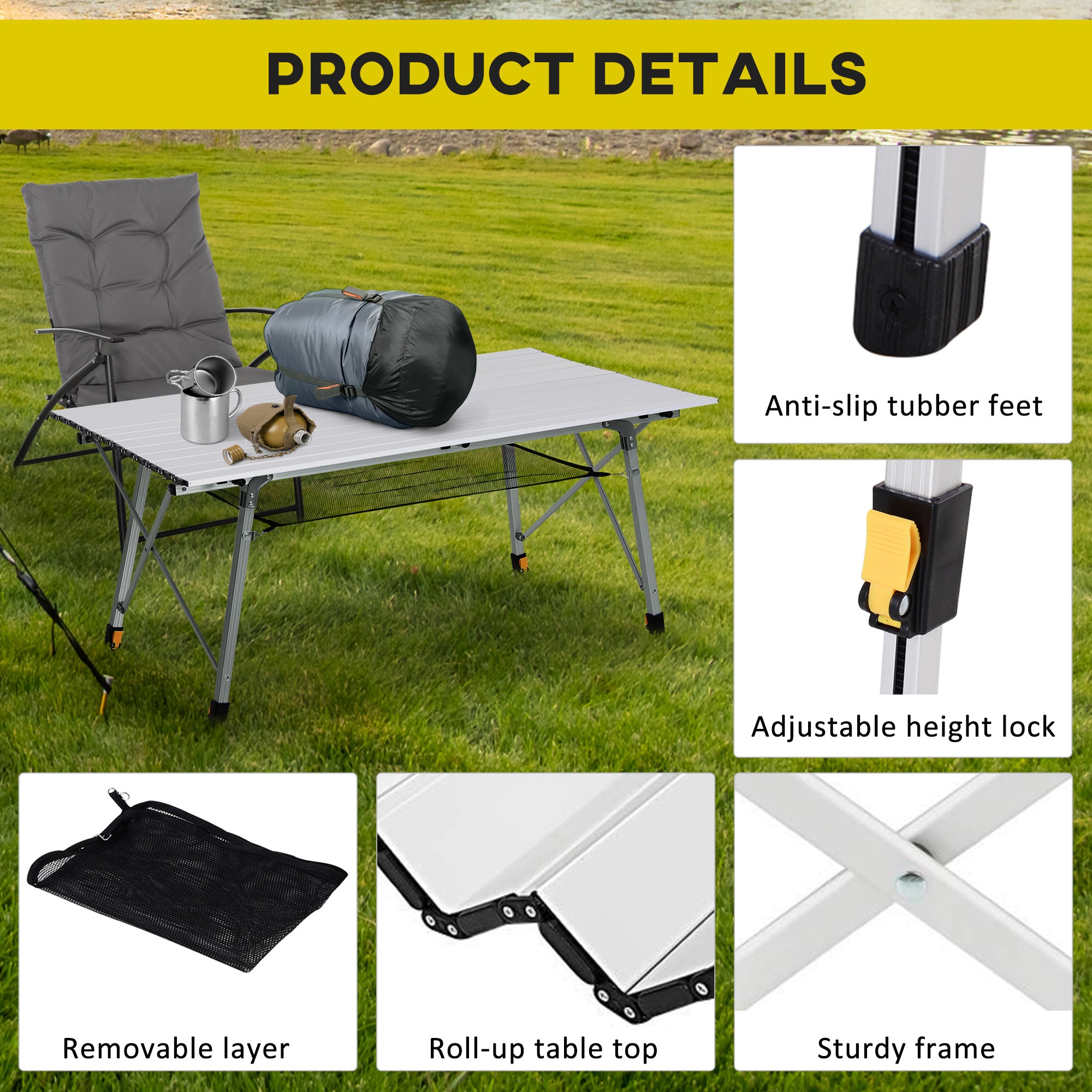 Outsunny 4FT Folding Aluminium Picnic Table Portable Camping BBQ Table Roll Up Top Mesh Layer Rack with Carrying Bag - North Peak Garden Furniture