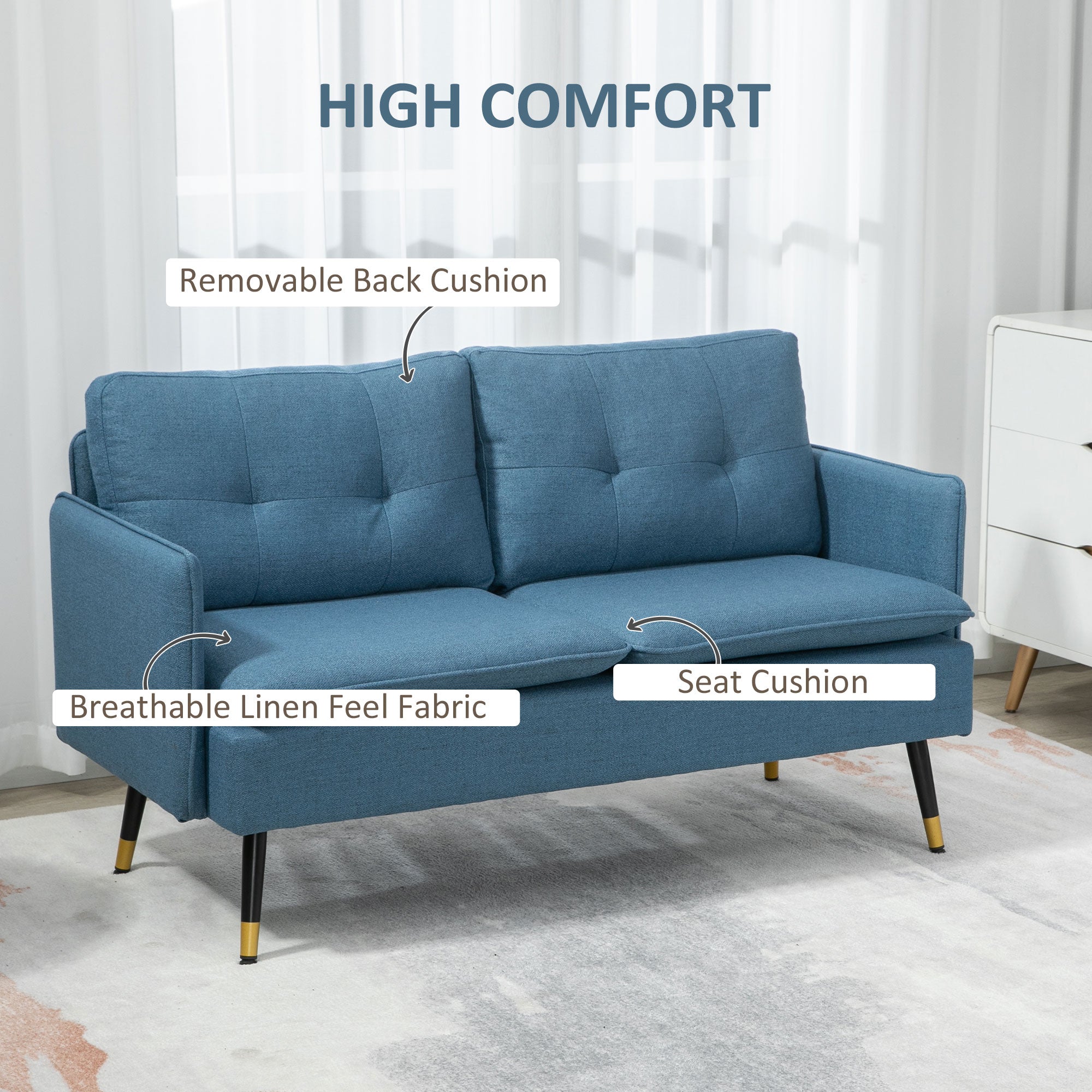 HOMCOM Modern Two Seater Sofa, Button Tufted Loveseat with Cushions and Steel Legs for Living Room, Guest Room, Dark Blue - North Peak Garden Furniture