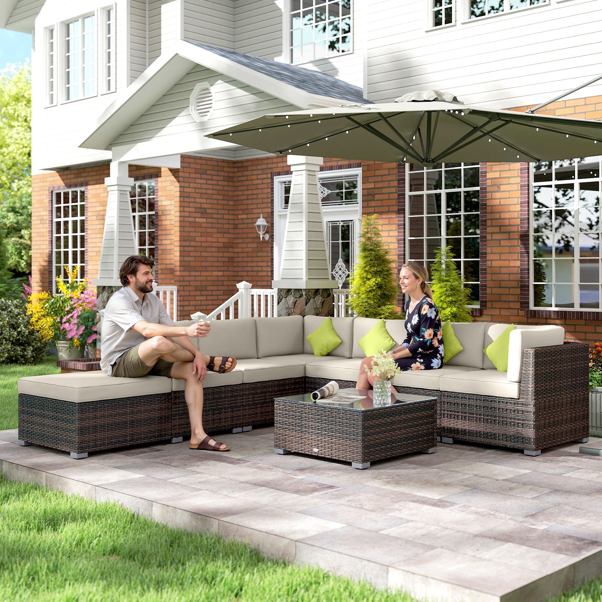 Outsunny 8 Pieces PE Rattan Corner Sofa Set with Thick Cushions, Aluminium Outdoor Rattan Garden Furniture Set with Glass Top Table, No Assembly Required, Mixed Brown