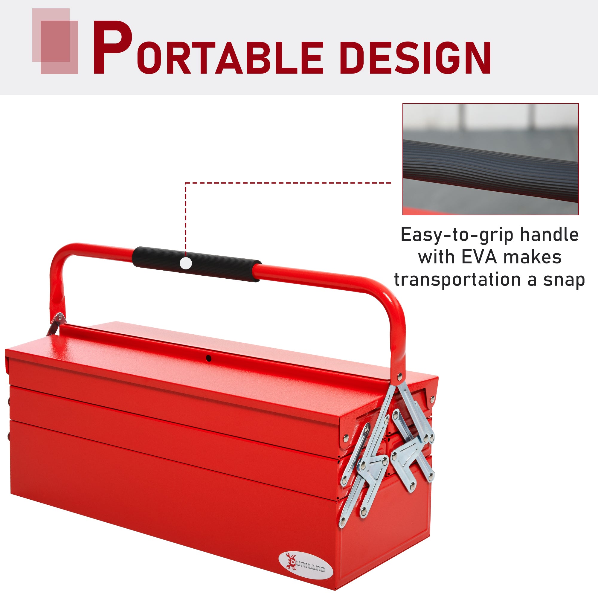 DURHAND Professional Metal Tool Box, 3 Tier 5 Tray Cantilever Storage Cabinet with Carry Handle, 57cm x 21cm x 41cm, Red